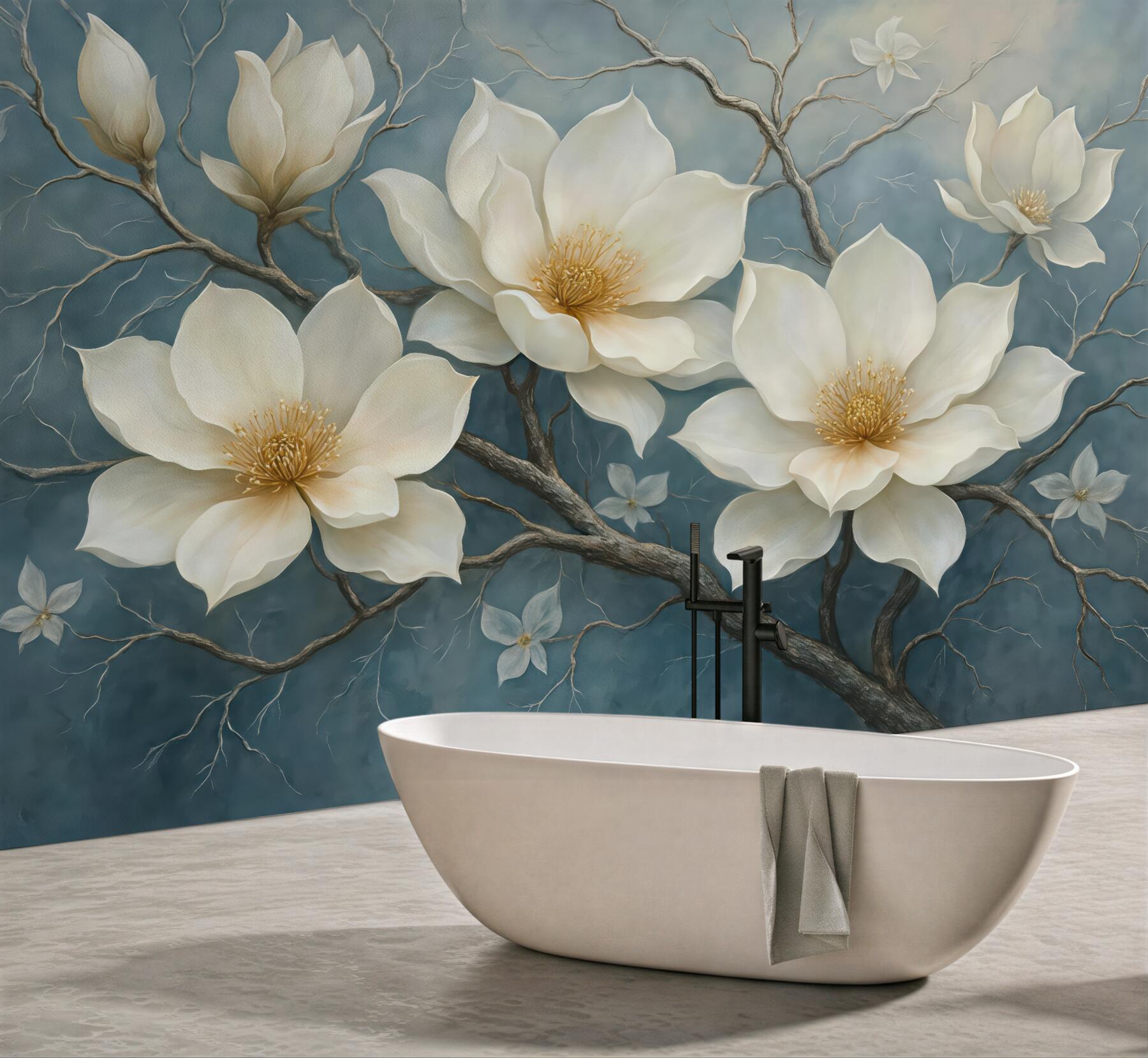 Fototapeta kremowe magnolie na błękitnych gałęziach