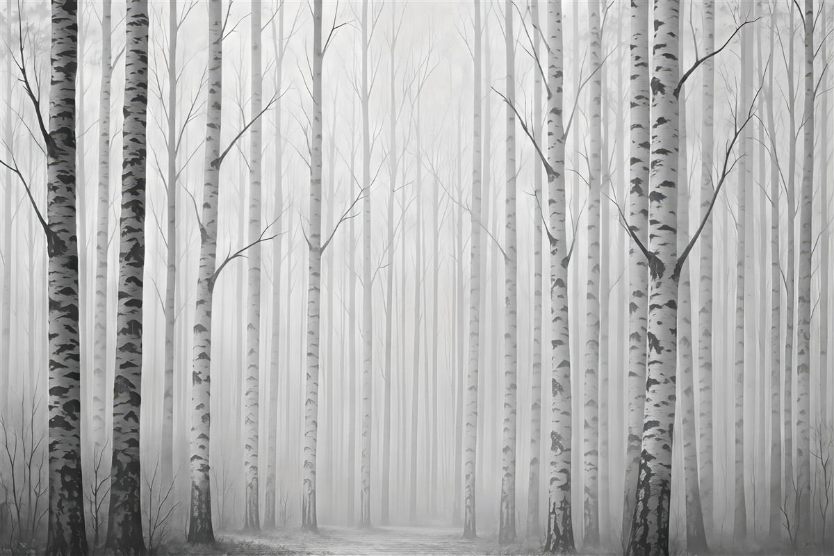 Fototapeta mglista brzozowa aleja w bieli