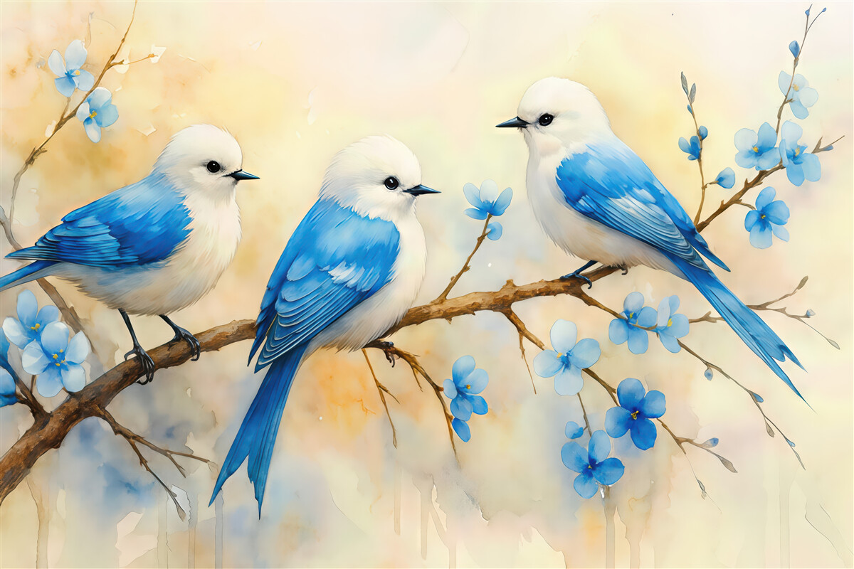Fototapeta błękitne ptaszki na kwitnącej gałęzi