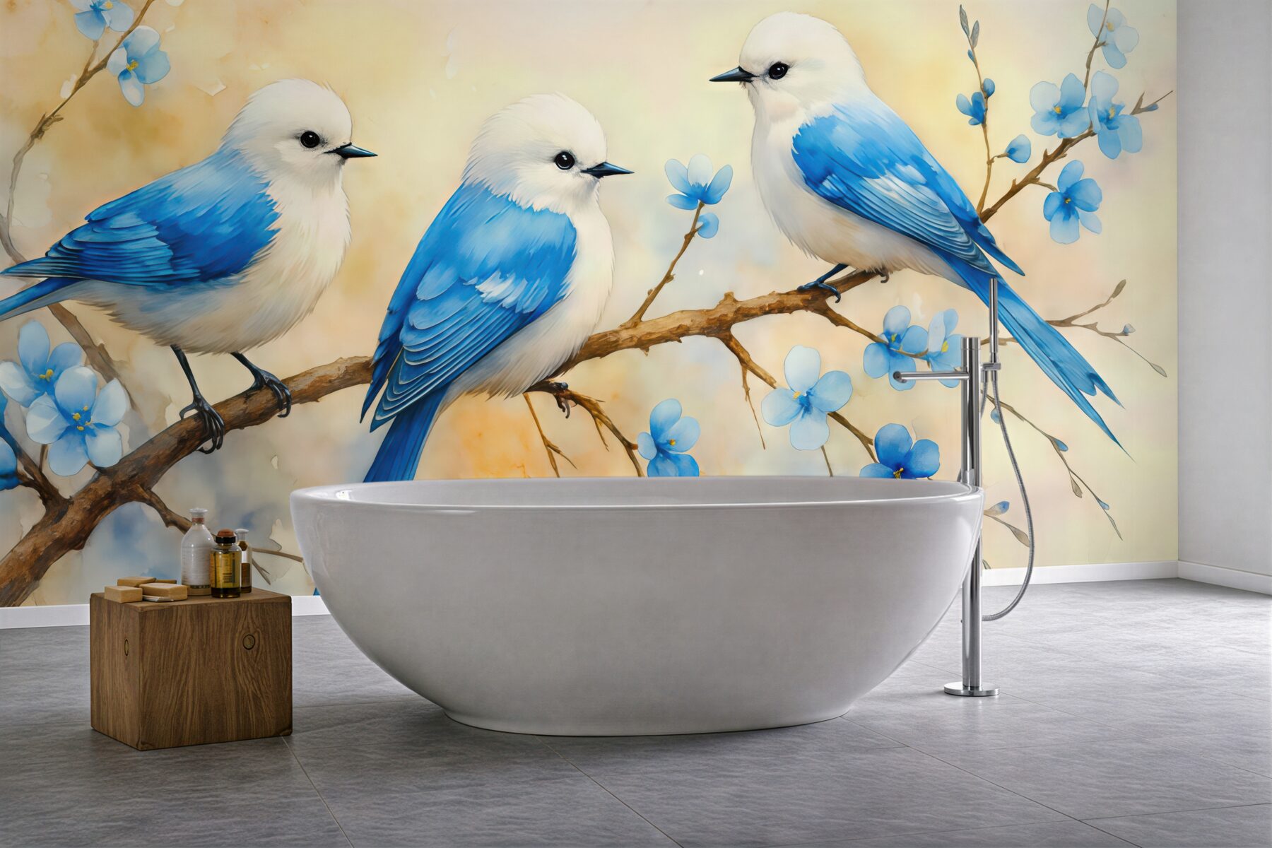 Fototapeta błękitne ptaszki na kwitnącej gałęzi