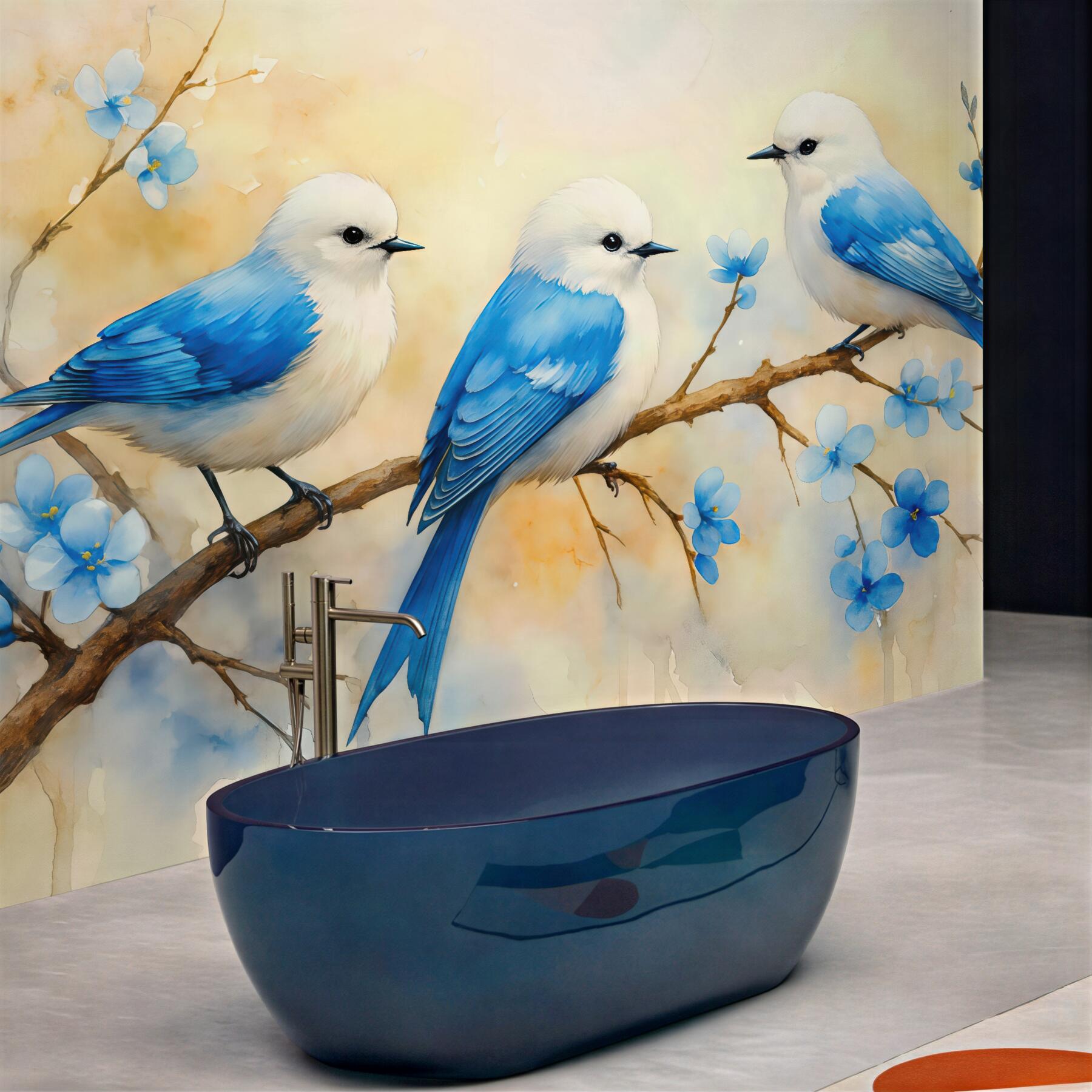 Fototapeta błękitne ptaszki na kwitnącej gałęzi