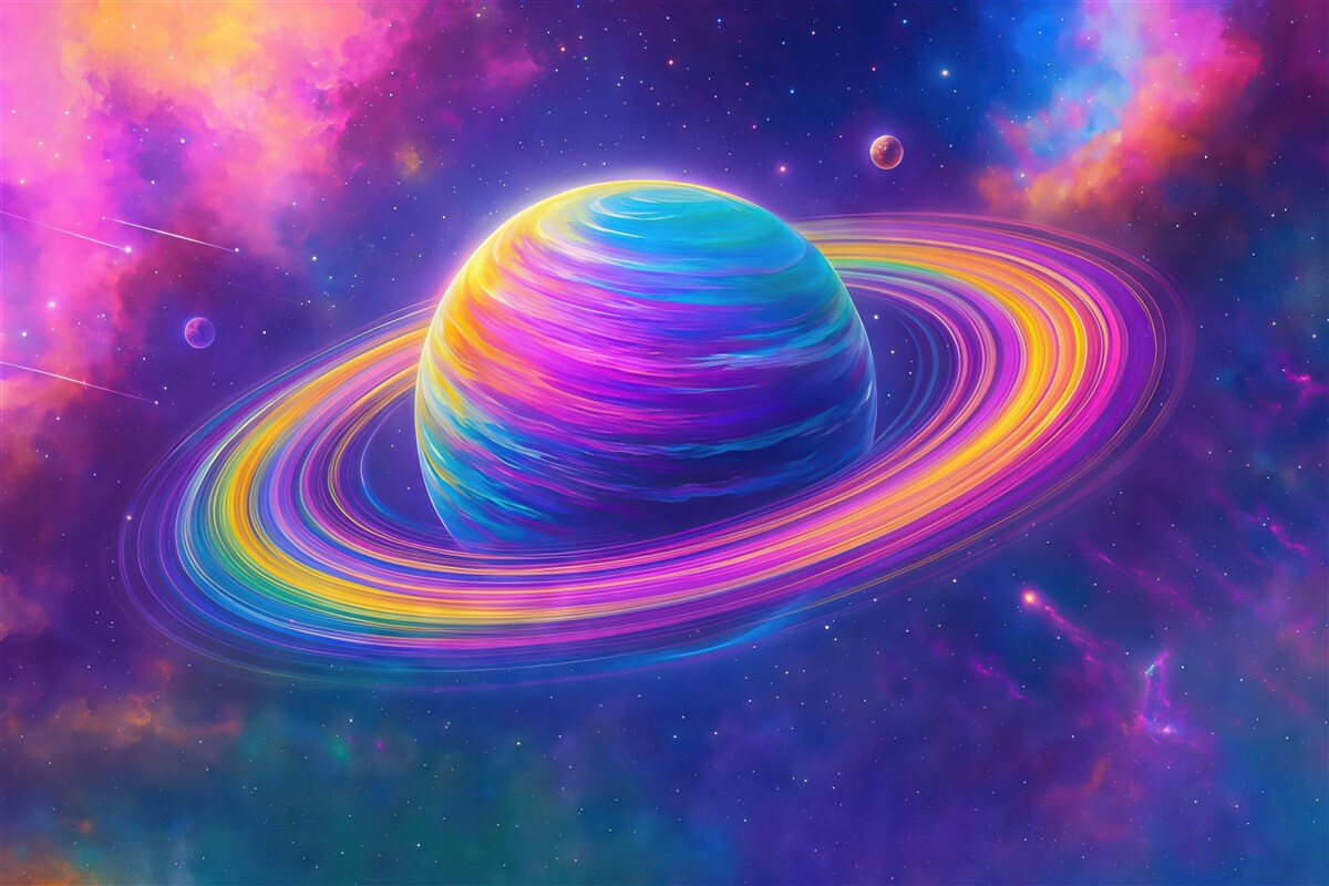 Fototapeta tęczowa planeta w kosmicznej mgle