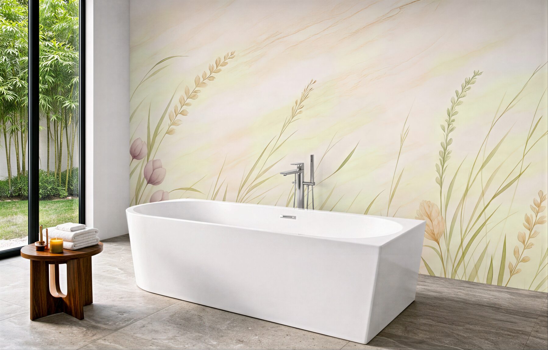 Fototapeta subtelna łąka z pastelowymi tulipanami