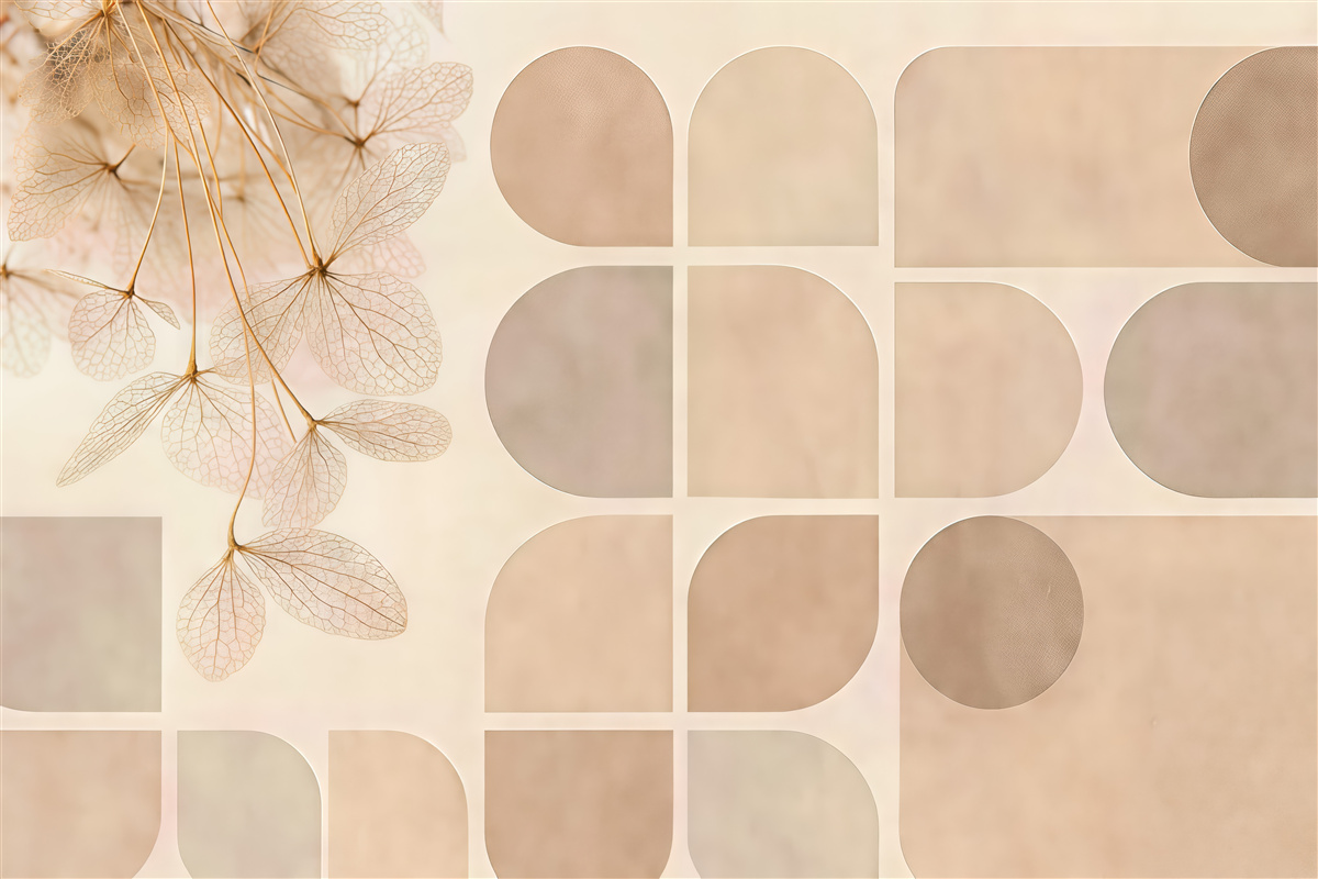 Fototapeta beżowa geometria z subtelnymi liśćmi