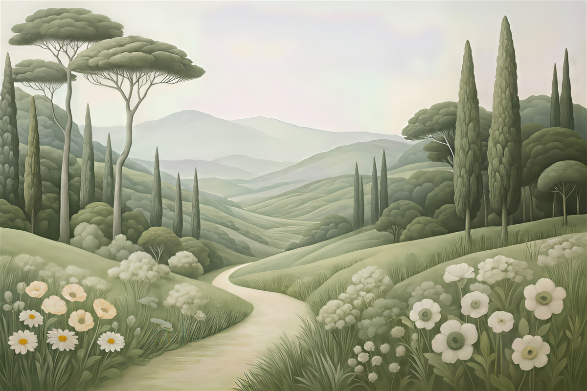 Fototapeta baśniowa dolina z cyprysami i kwiatami