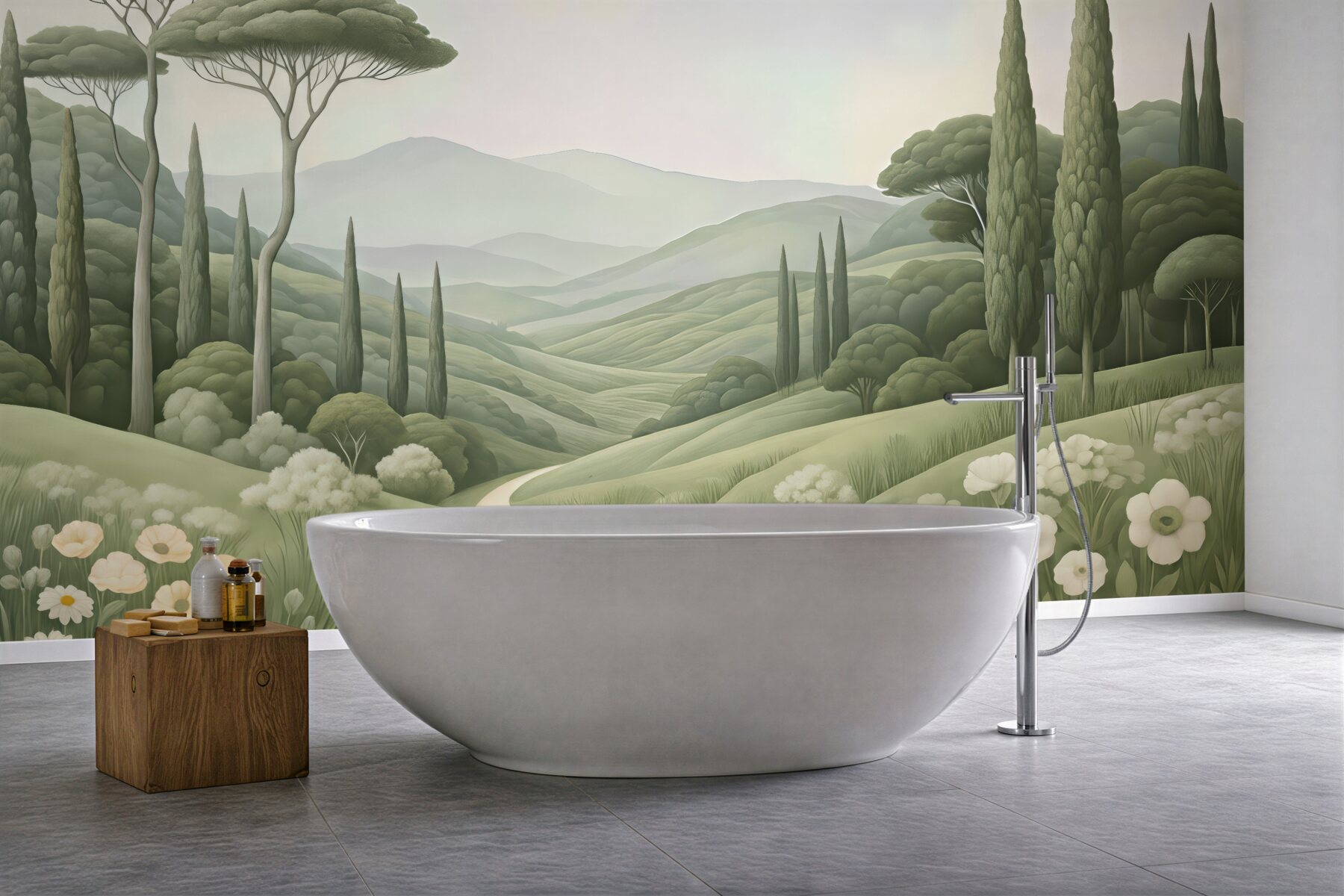 Fototapeta baśniowa dolina z cyprysami i kwiatami