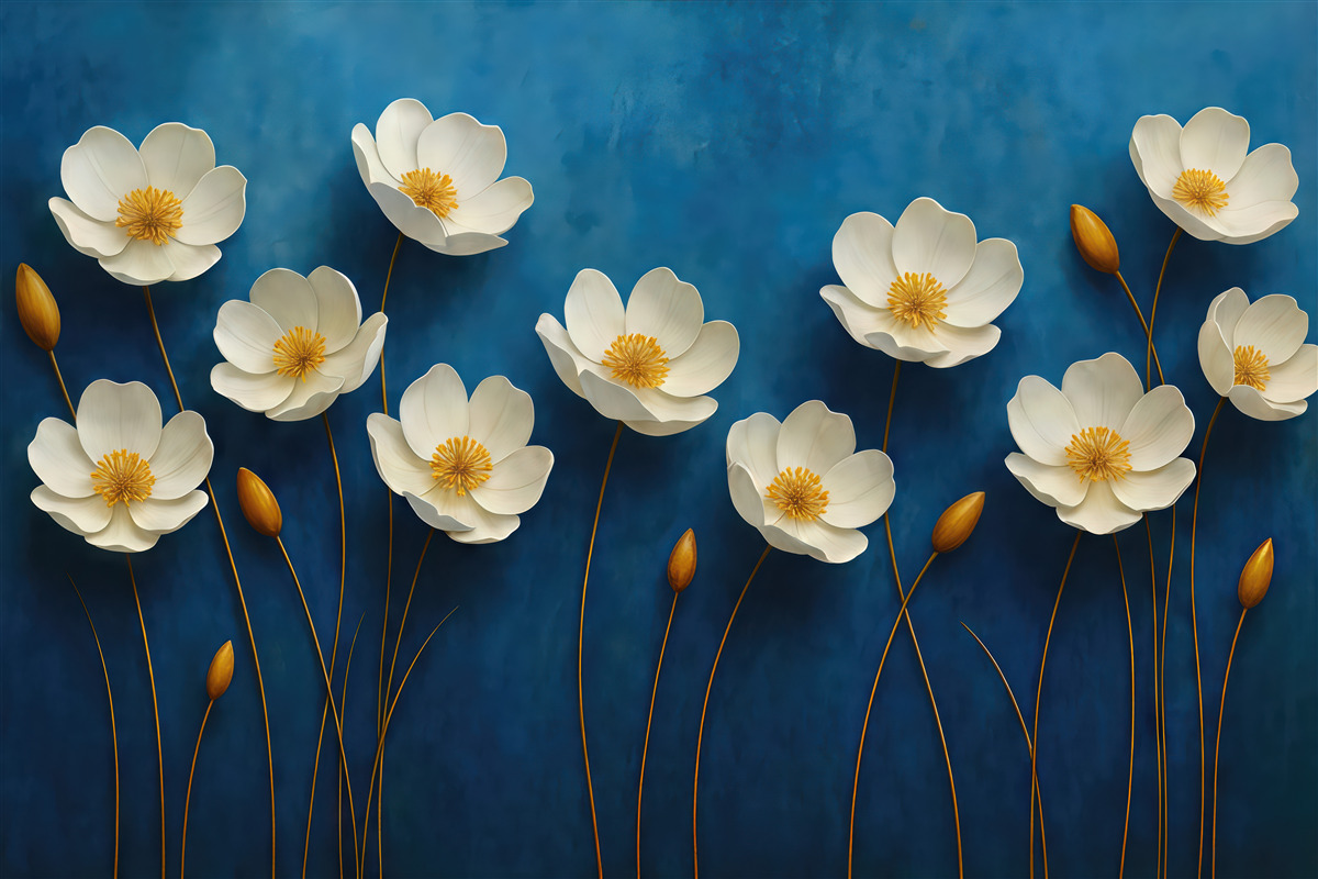 Fototapeta białe kwiaty na szafirowym tle