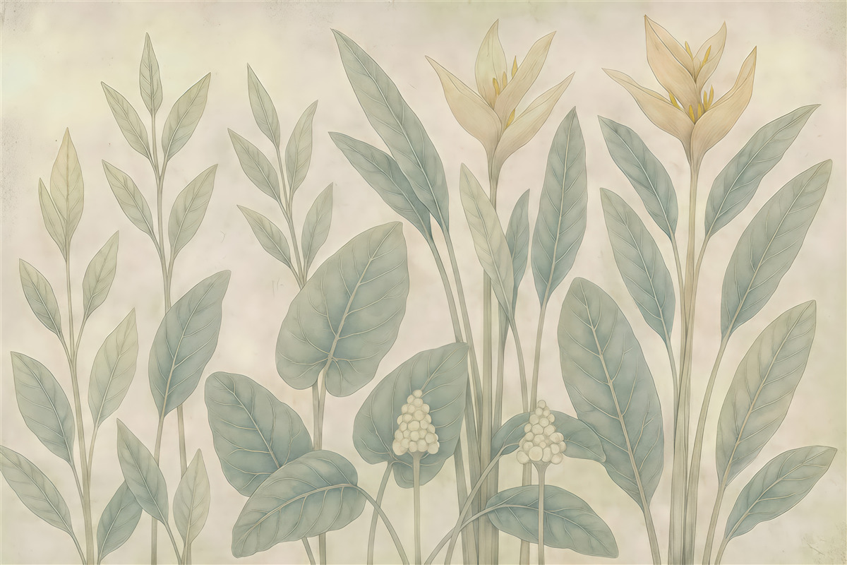 Fototapeta pastelowe liście i egzotyczne kwiaty