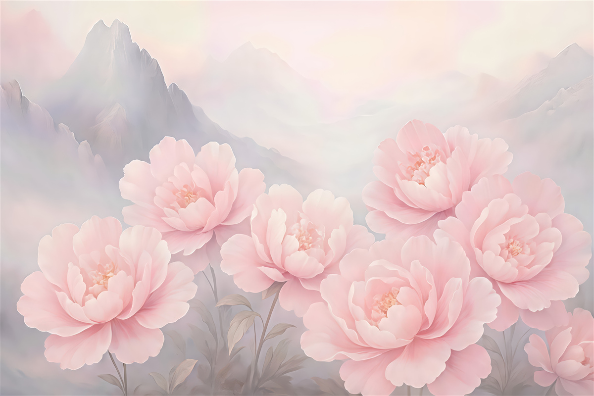 Fototapeta pudrowe piwonie na tle gór