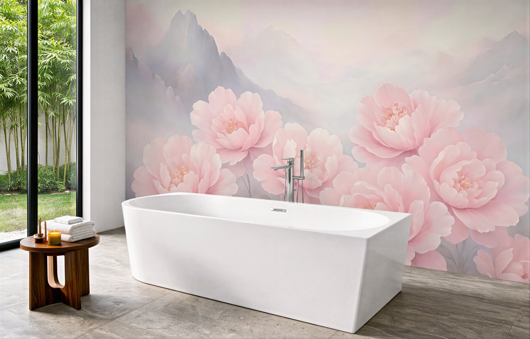 Fototapeta pudrowe piwonie na tle gór