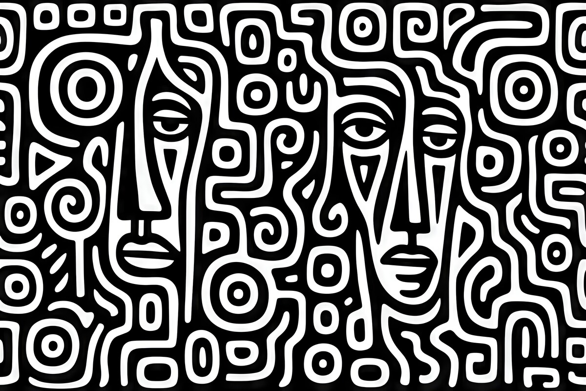 Fototapeta abstrakcyjne twarze w czarno-białym labiryncie