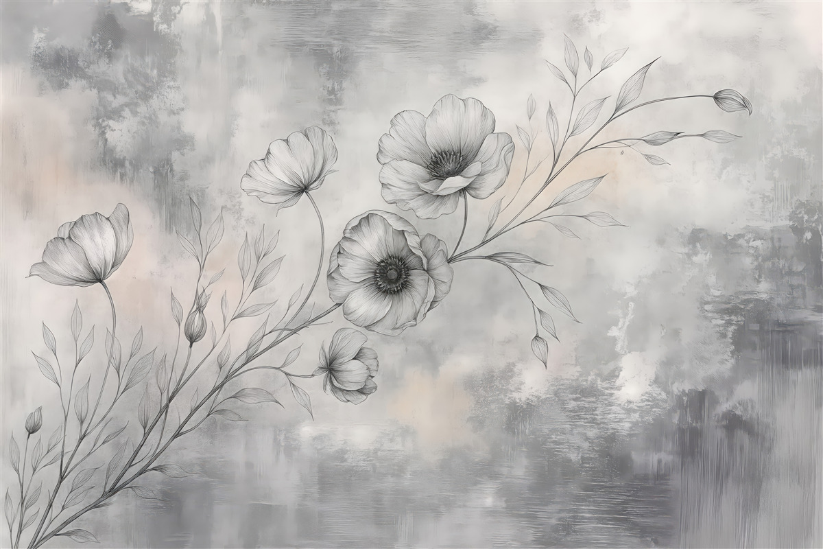 Fototapeta subtelne szkicowane kwiaty w szarościach