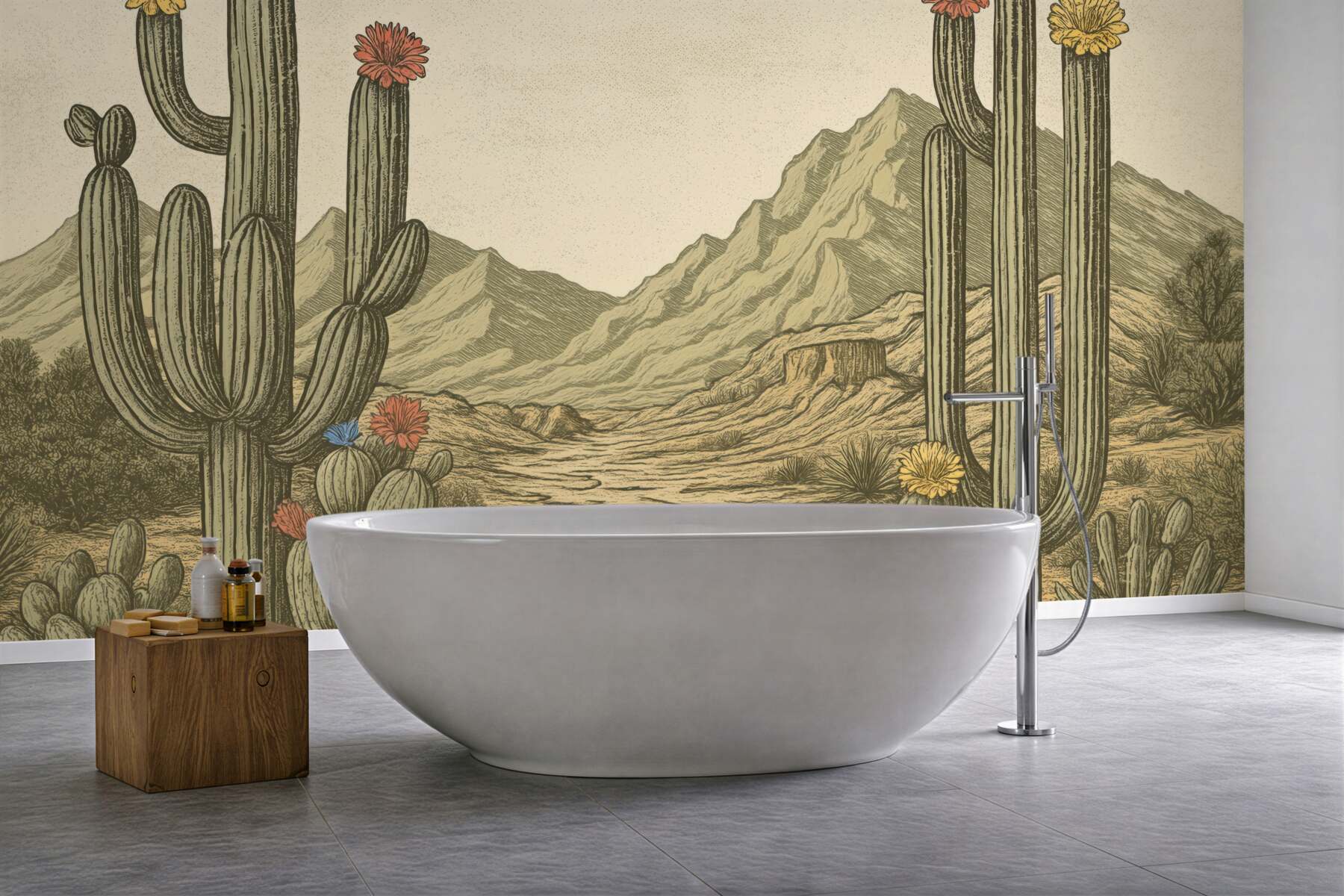 Fototapeta retro pustynia z kwitnącymi kaktusami