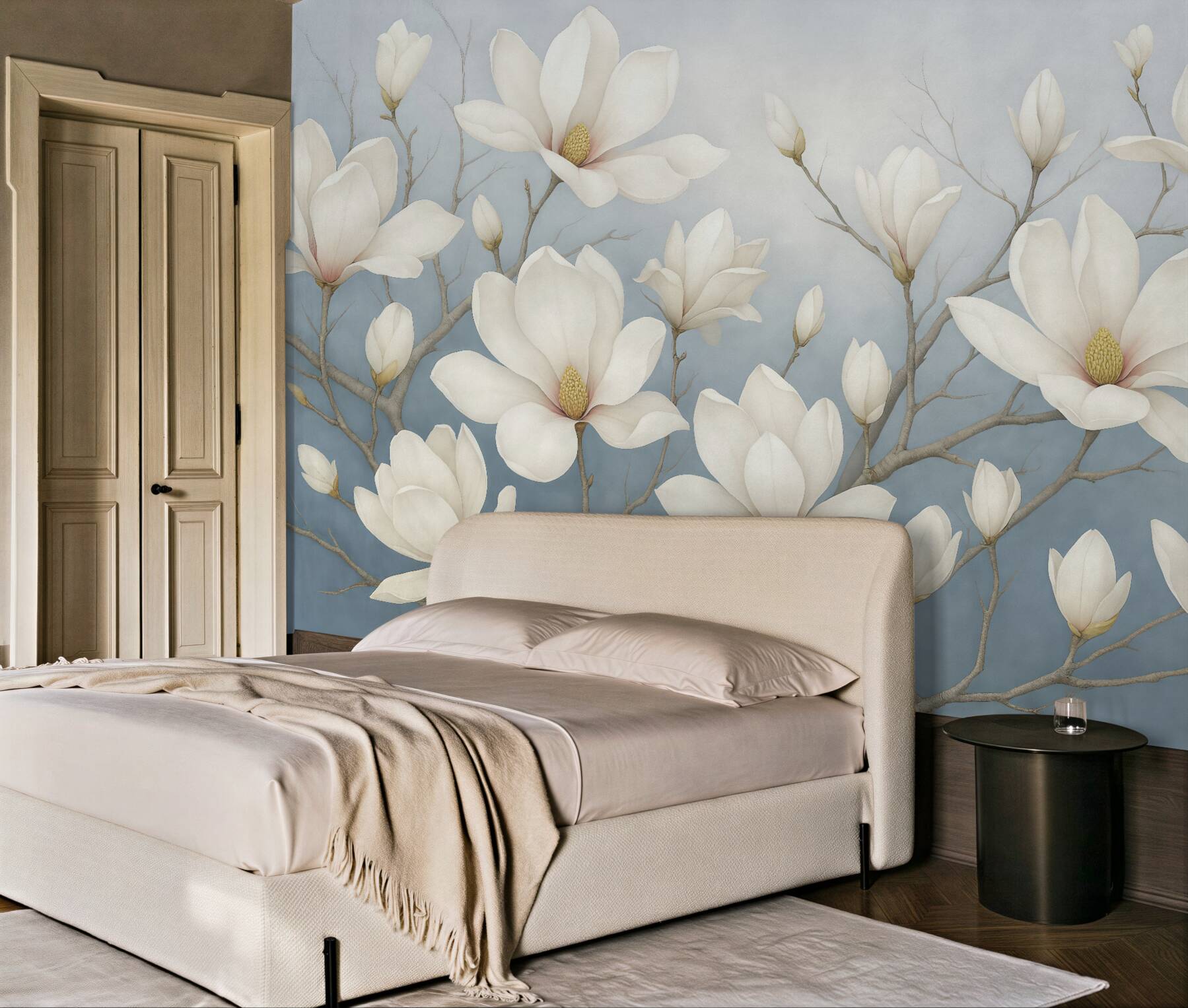 Fototapeta białe magnolie na błękitnych gałęziach