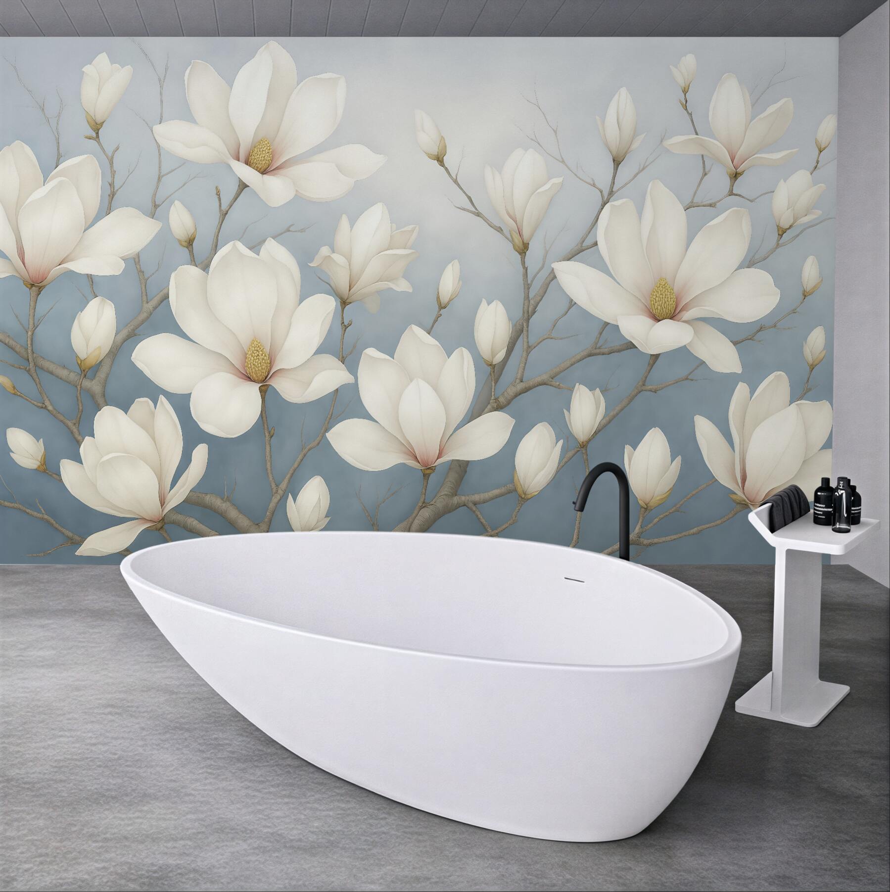 Fototapeta białe magnolie na błękitnych gałęziach