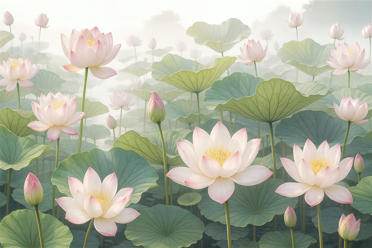 Fototapeta lotosy o poranku na spokojnym stawie