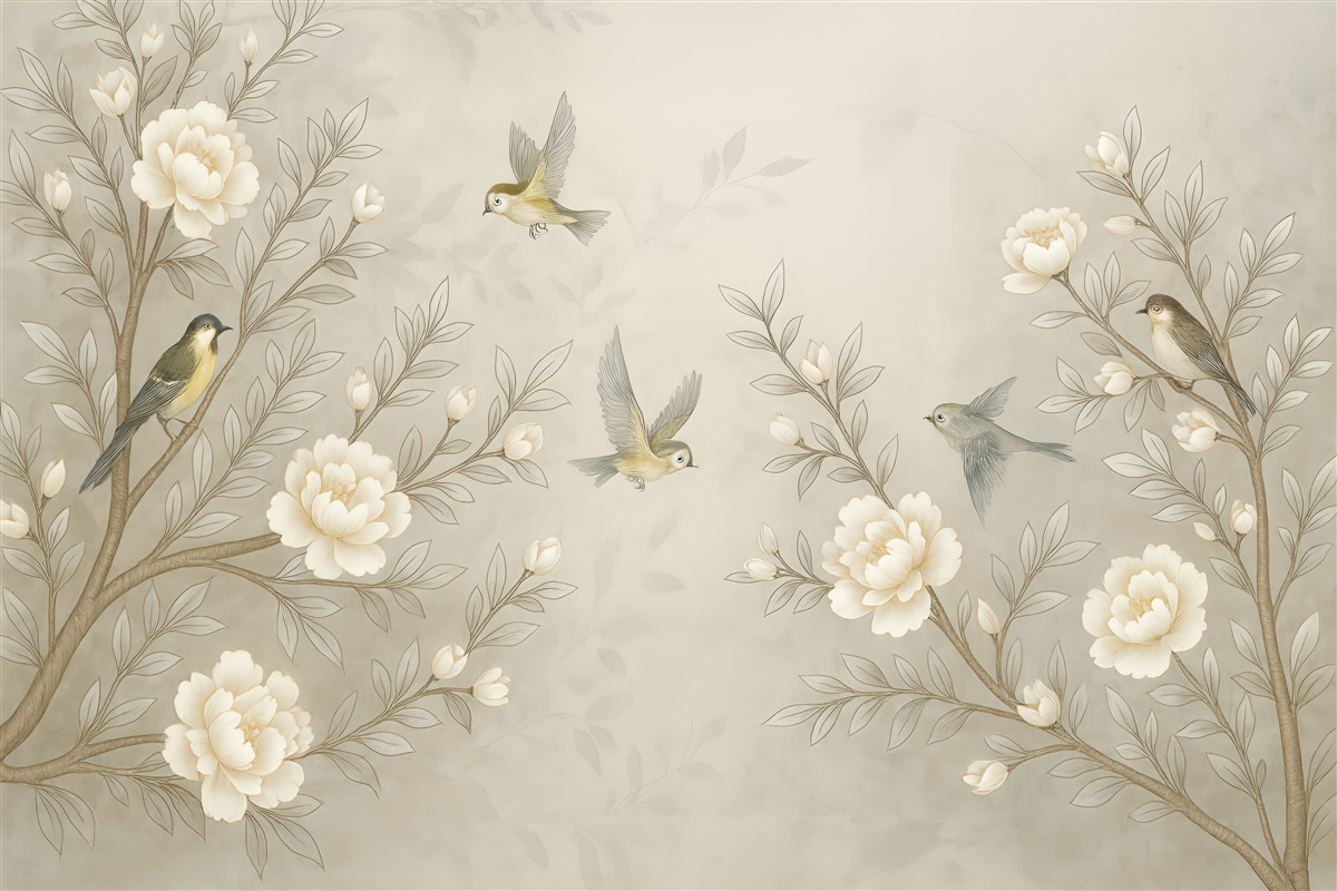 Fototapeta ptaki i kwiaty w beżu