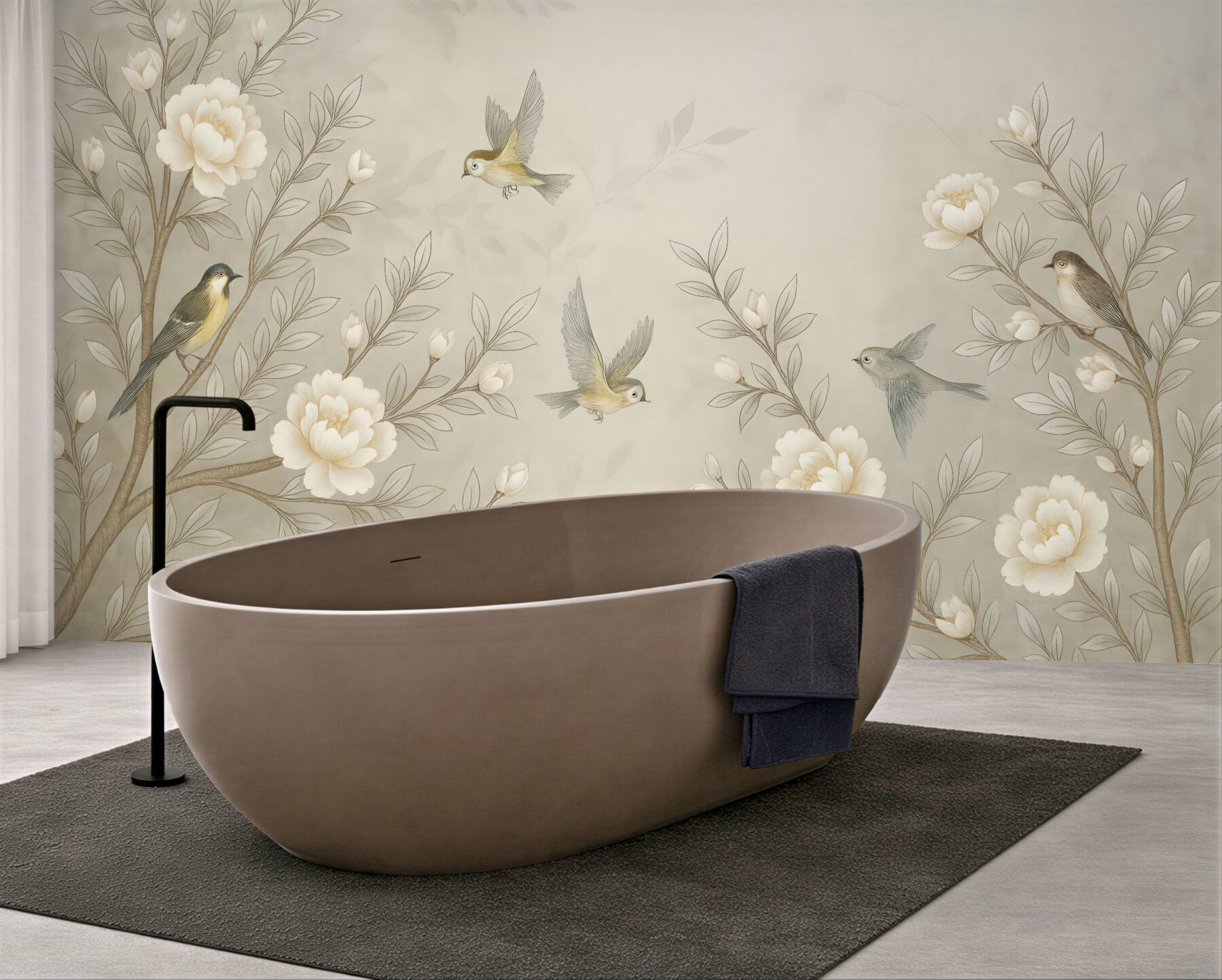 Fototapeta ptaki i kwiaty w beżu