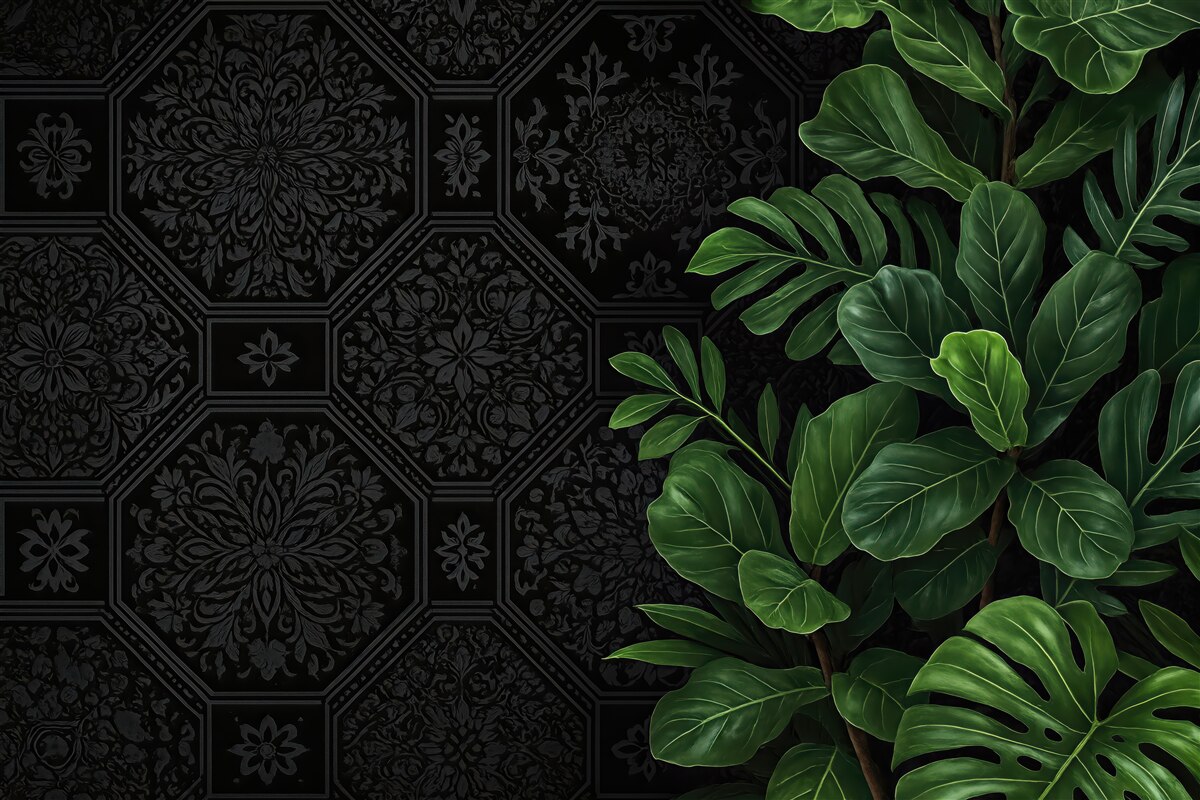 Fototapeta tropikalne liście na czarnym ornamentzie