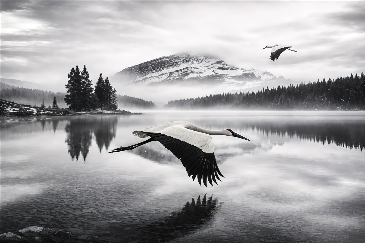 Fototapeta żuraw nad mglistym jeziorem górskim