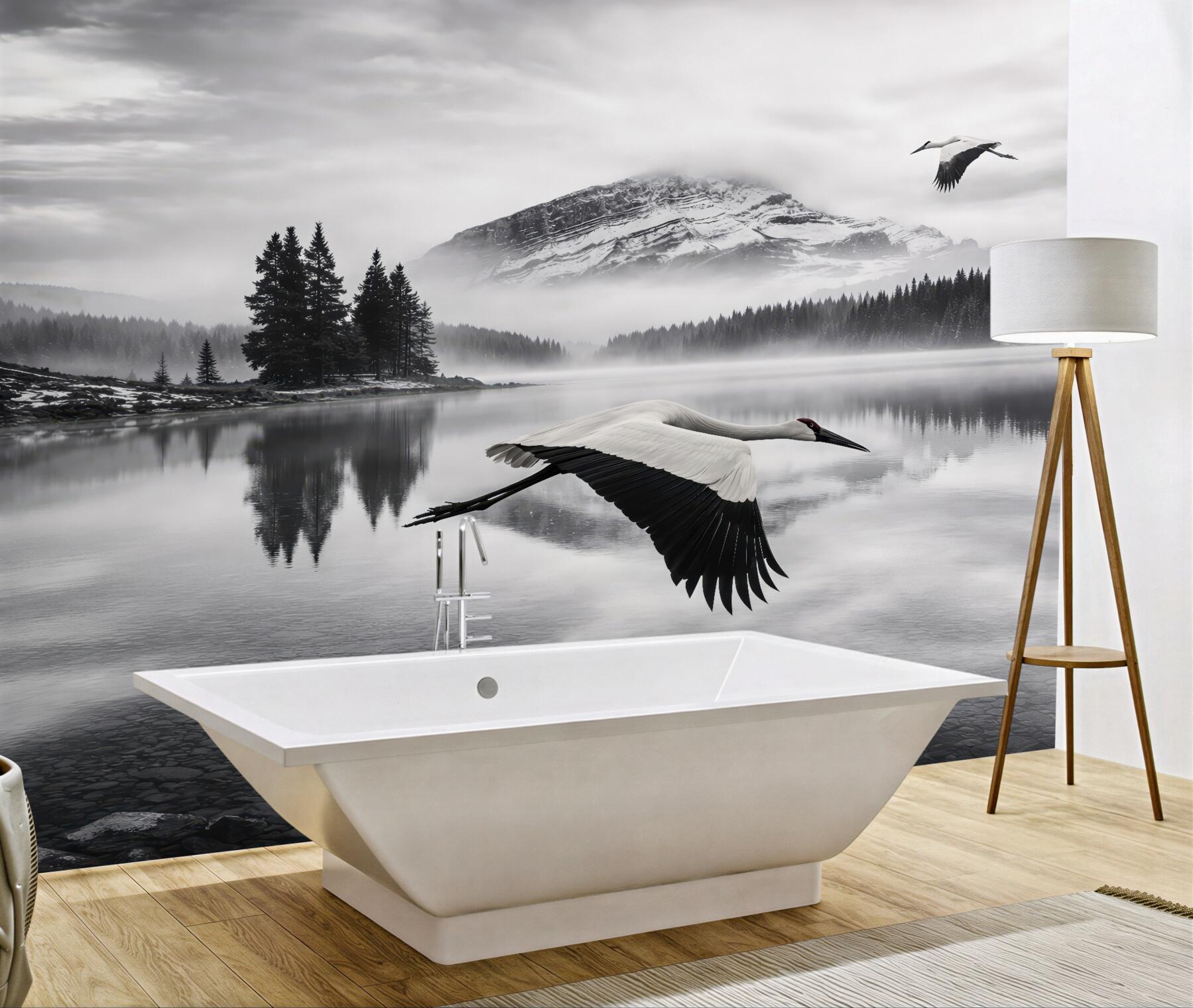 Fototapeta żuraw nad mglistym jeziorem górskim