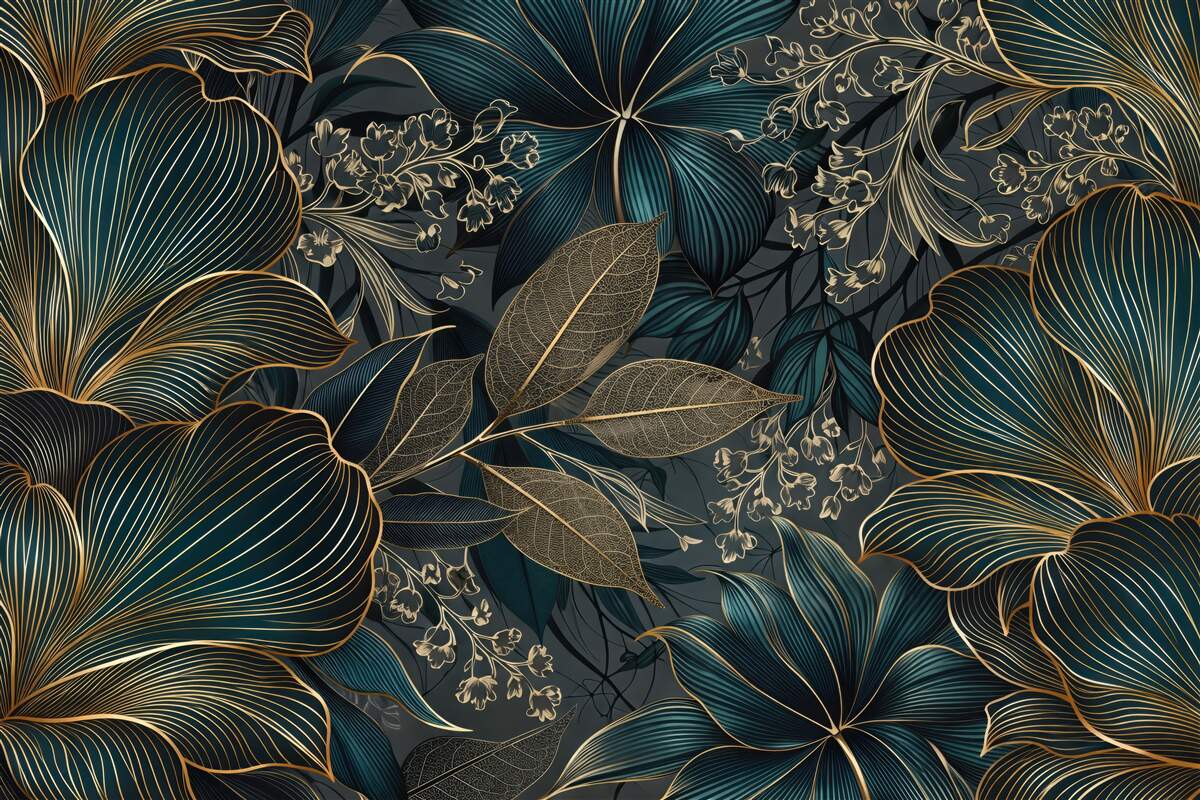 Fototapeta złote kontury kwiatów w mroku