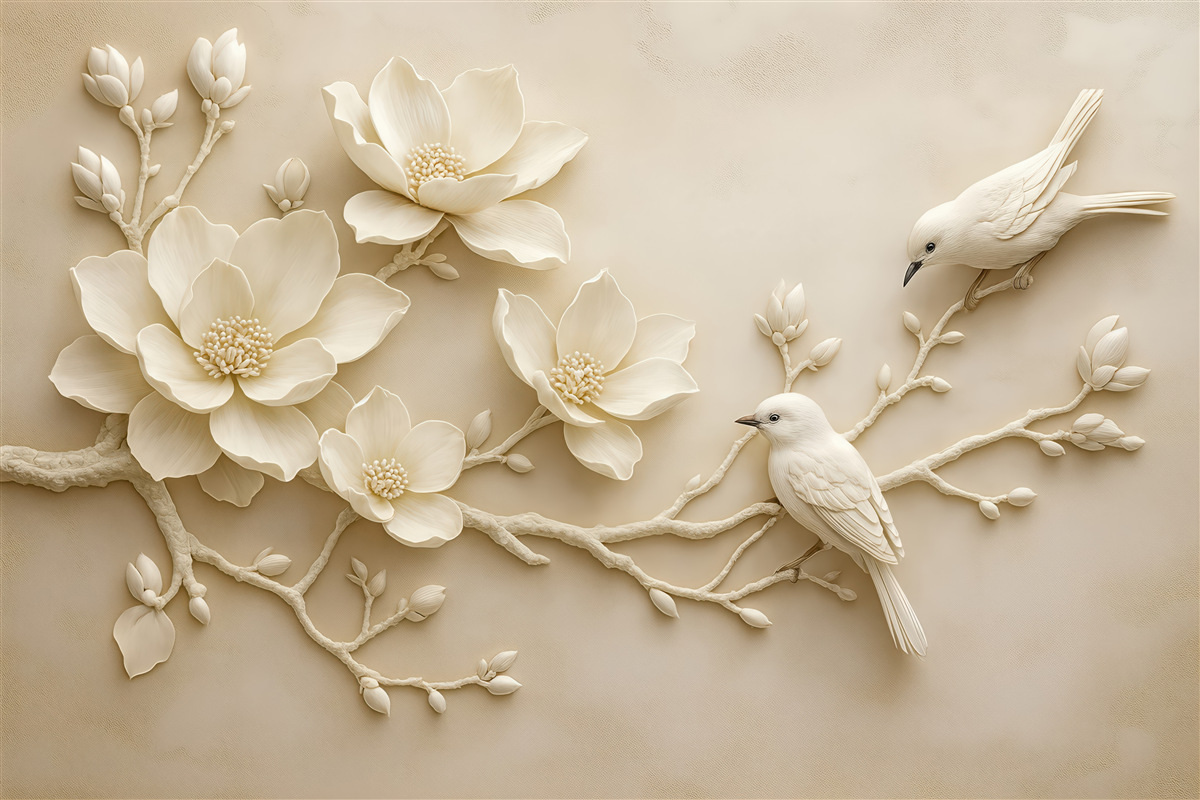 Fototapeta kremowe magnolie z ptakami relief 3d
