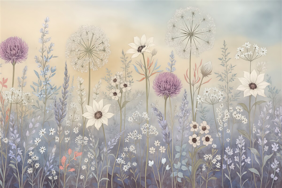 Fototapeta pastelowa łąka kwiatowa o świcie