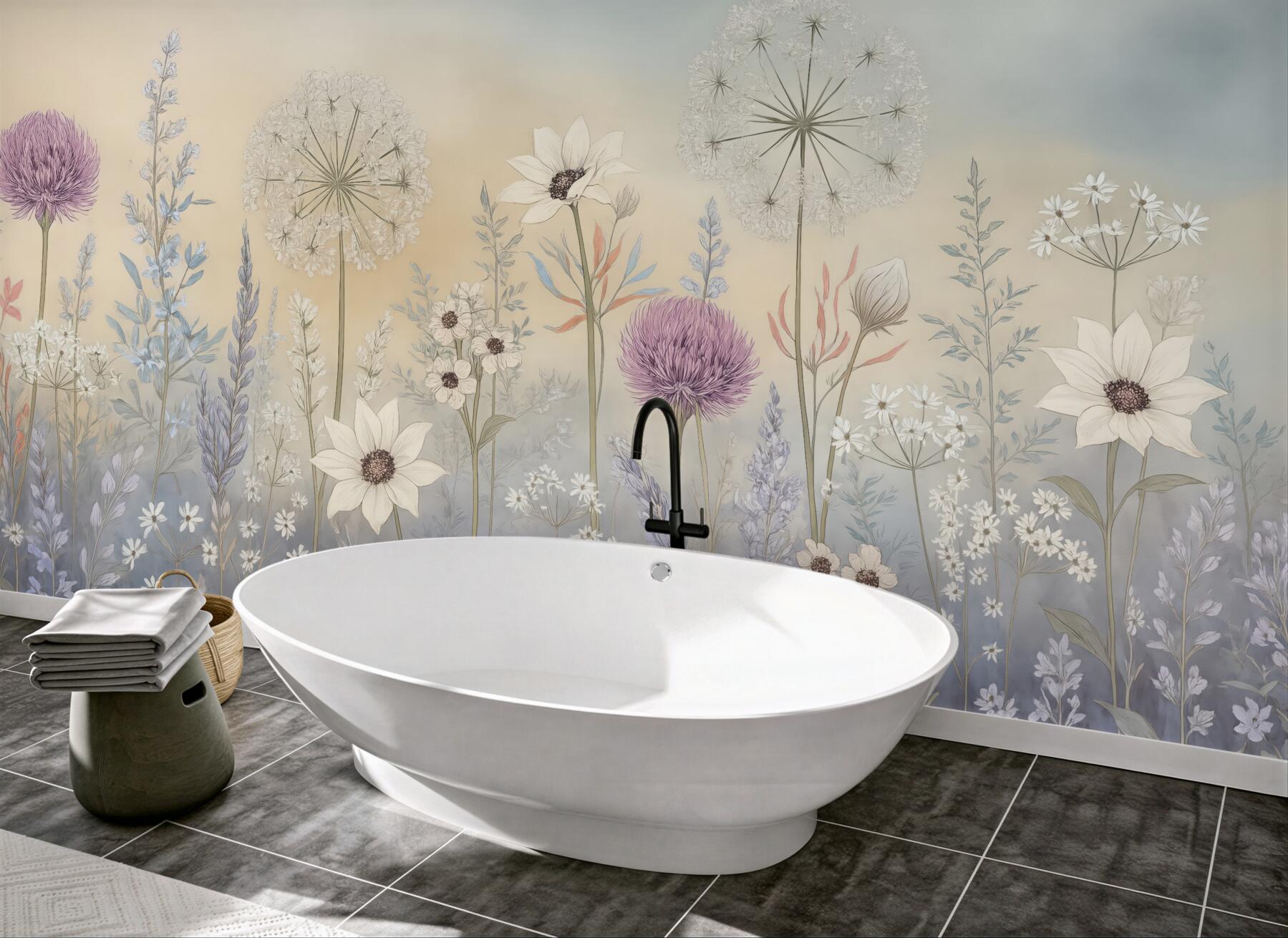 Fototapeta pastelowa łąka kwiatowa o świcie