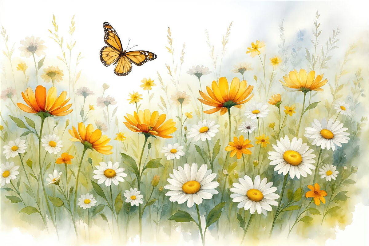 Fototapeta łąka stokrotek z motylem watercolor