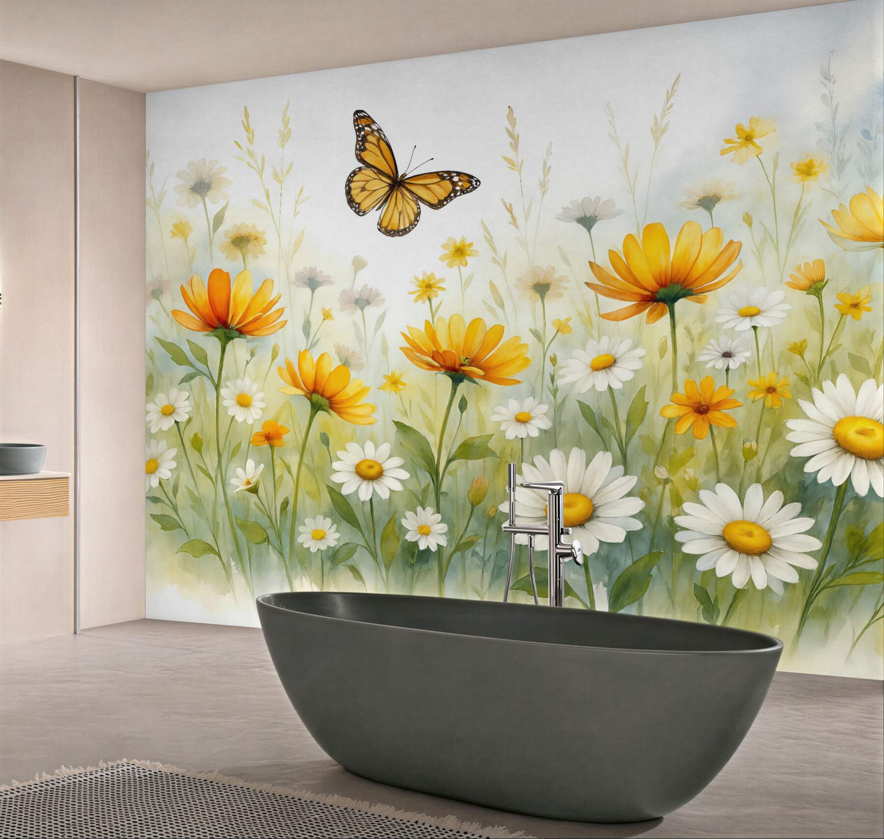 Fototapeta łąka stokrotek z motylem watercolor