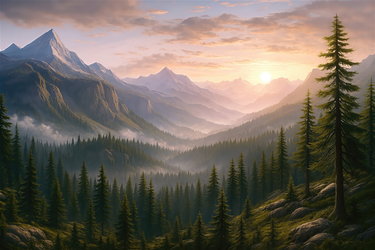 Fototapeta górski świt nad mglistym lasem