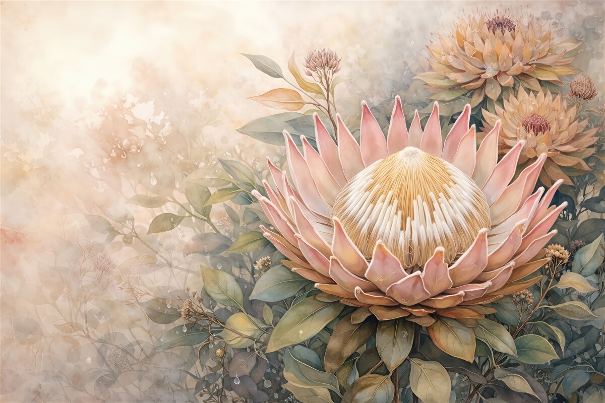 Fototapeta romantyczna protea w pastelowym ogrodzie