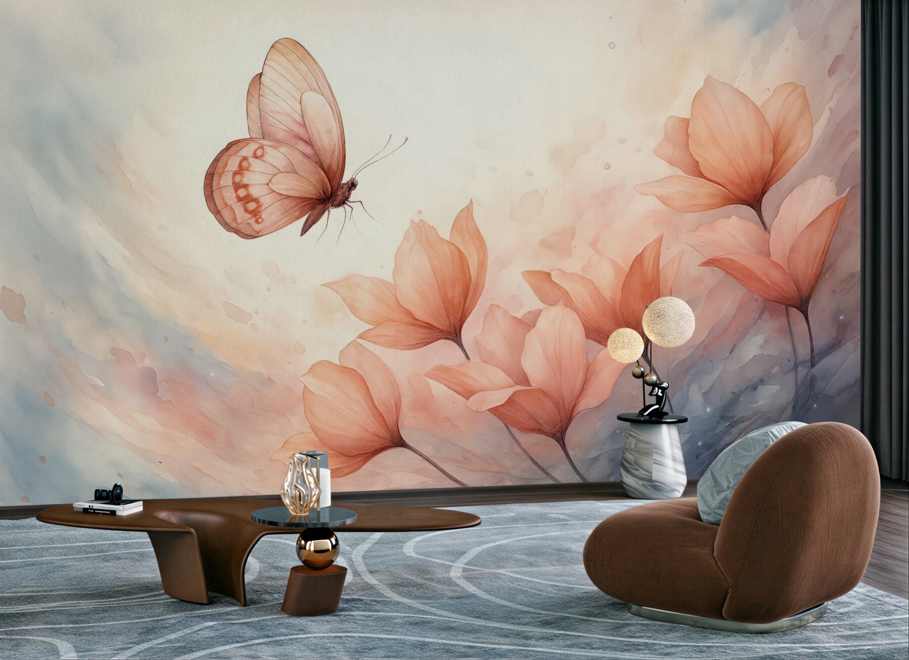 Fototapeta motyl i brzoskwiniowe kwiaty akwarelą