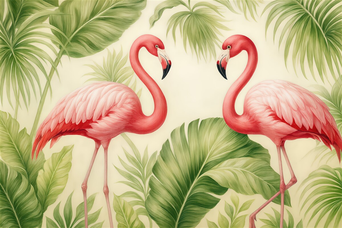 Fototapeta tropikalne flamingi wśród zielonych liści