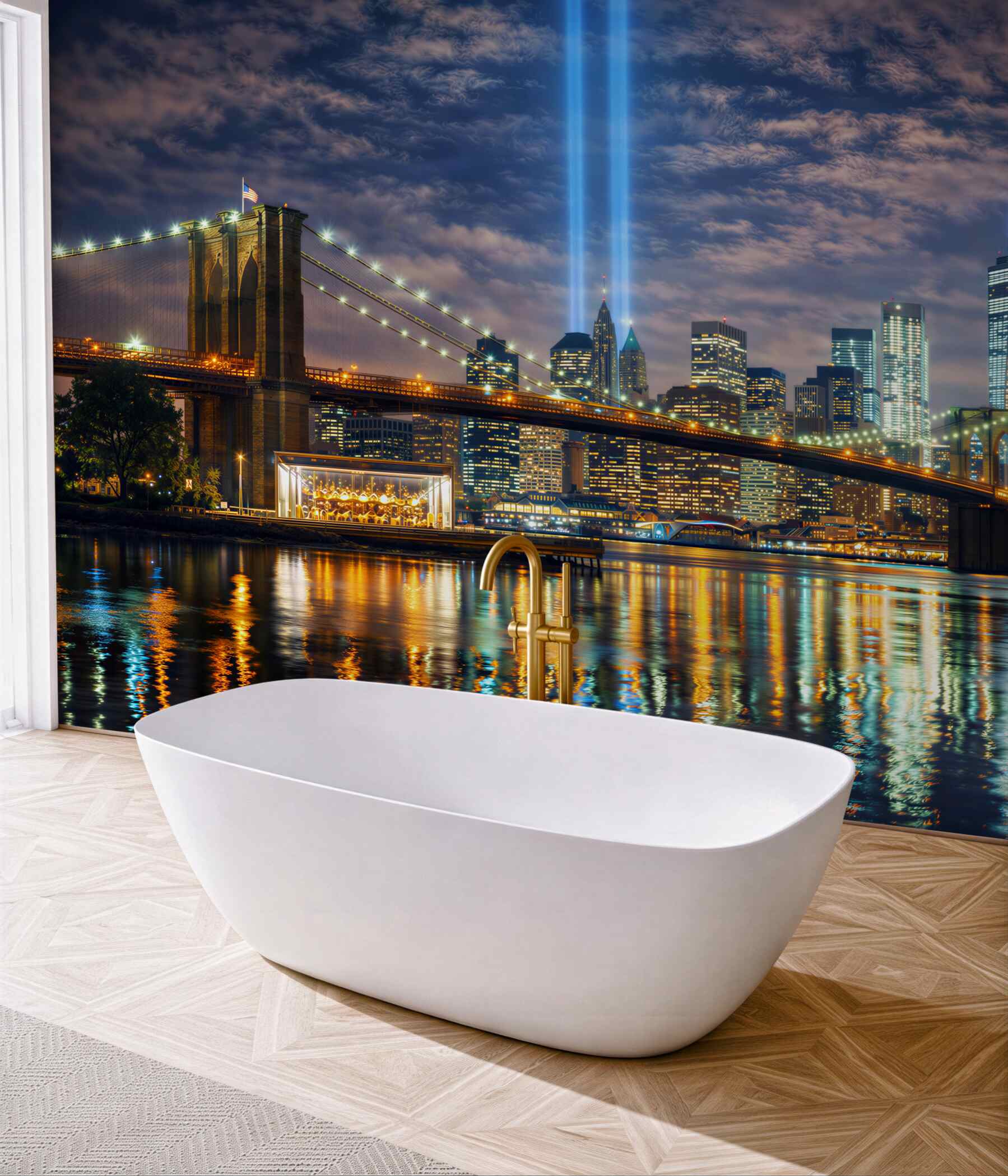 Fototapeta nocny Nowy Jork z mostem Brooklyn i panoramą miasta