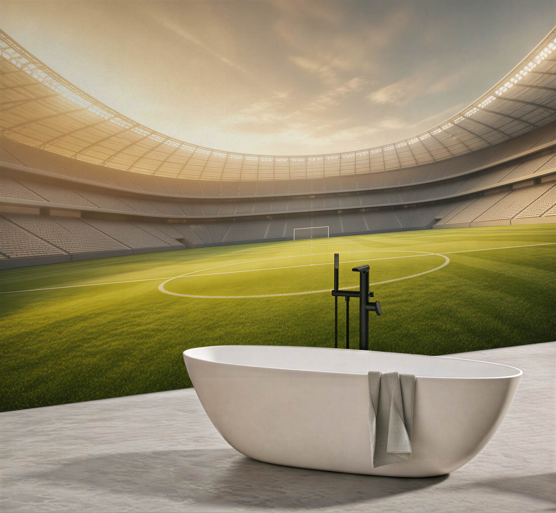 Fototapeta stadion piłkarski z zieloną murawą w świetle zachodzącego słońca