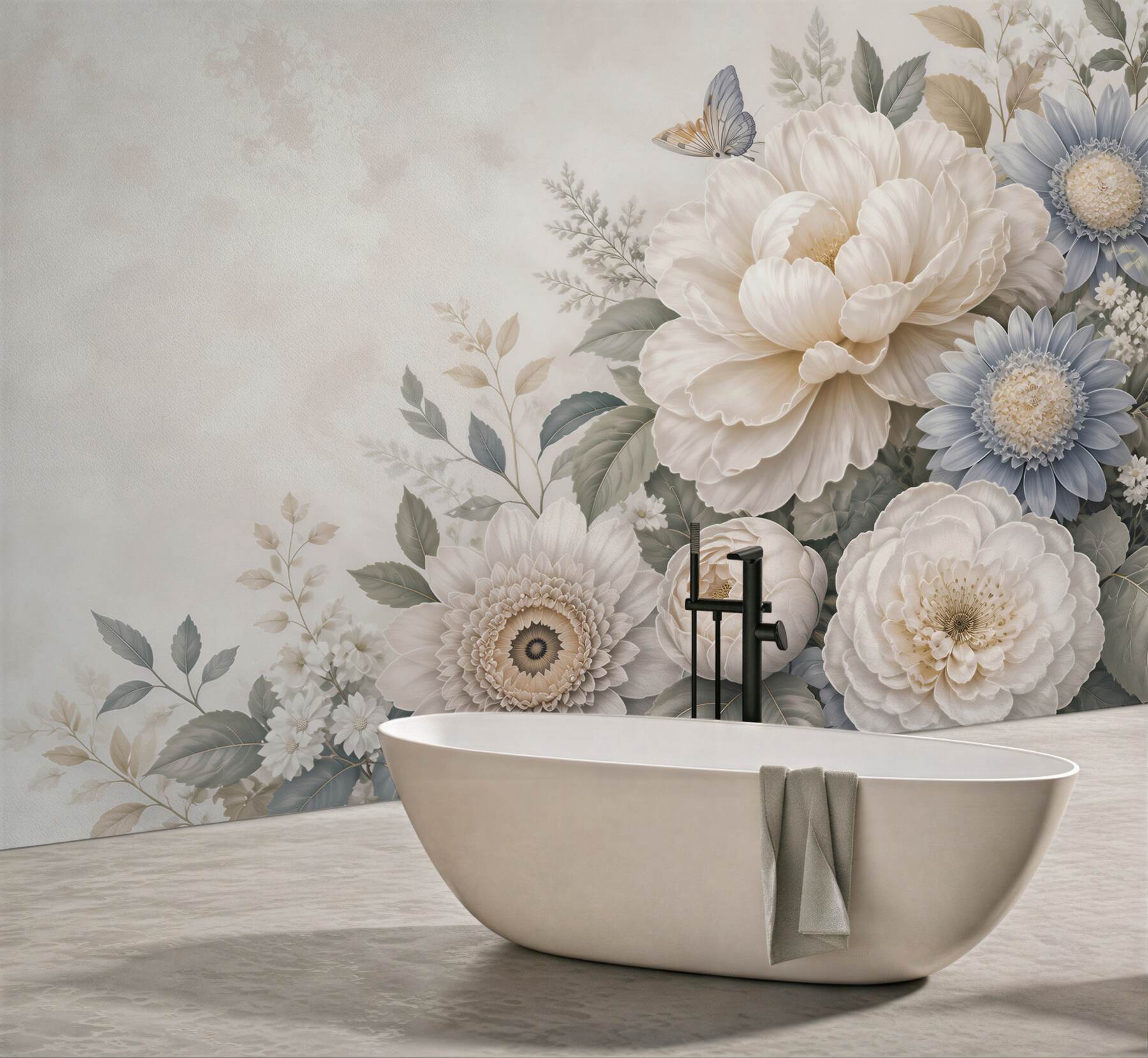 Fototapeta duże kwiaty beżowo niebieskie romantyczna kompozycja floral