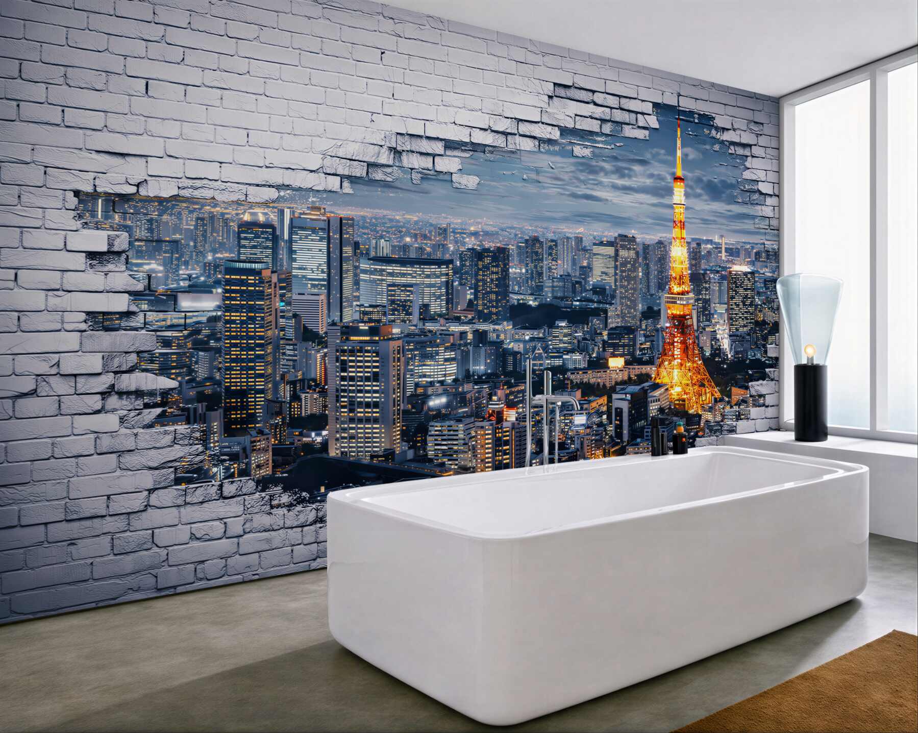 Fototapeta panorama Tokio nocą z wieżą i efektem białej cegły