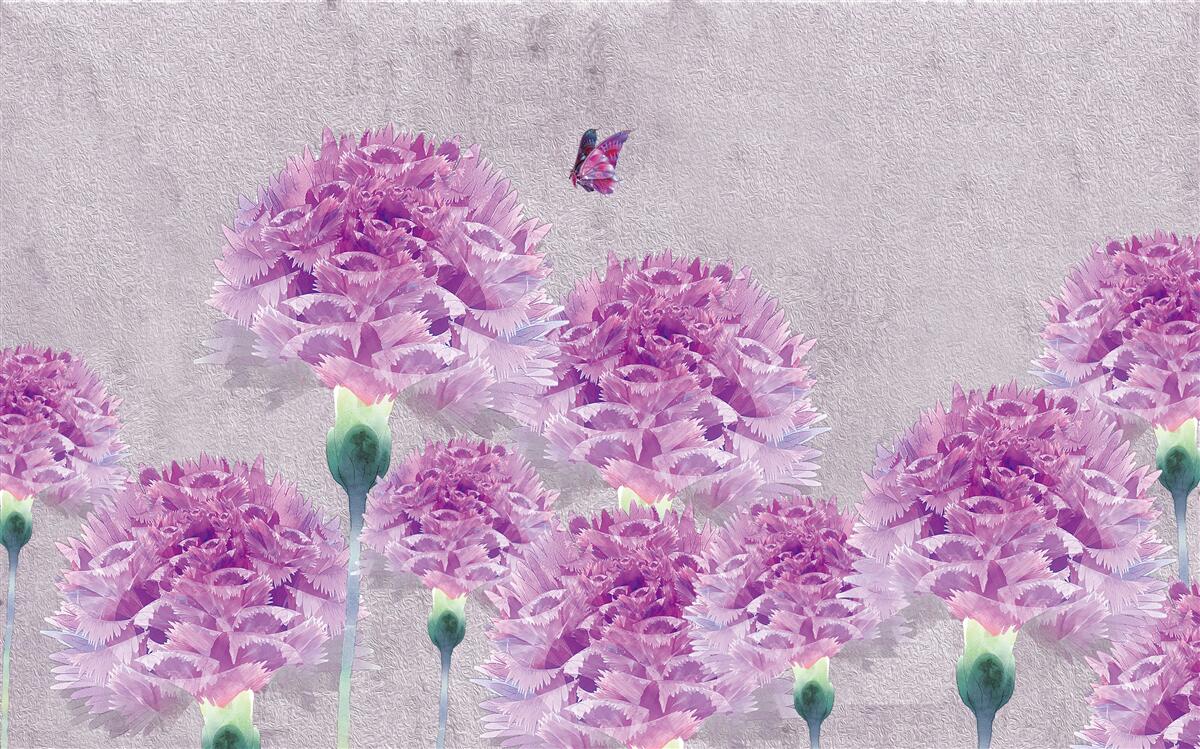 Fototapeta duże goździki w kolorze liliowym i motyl