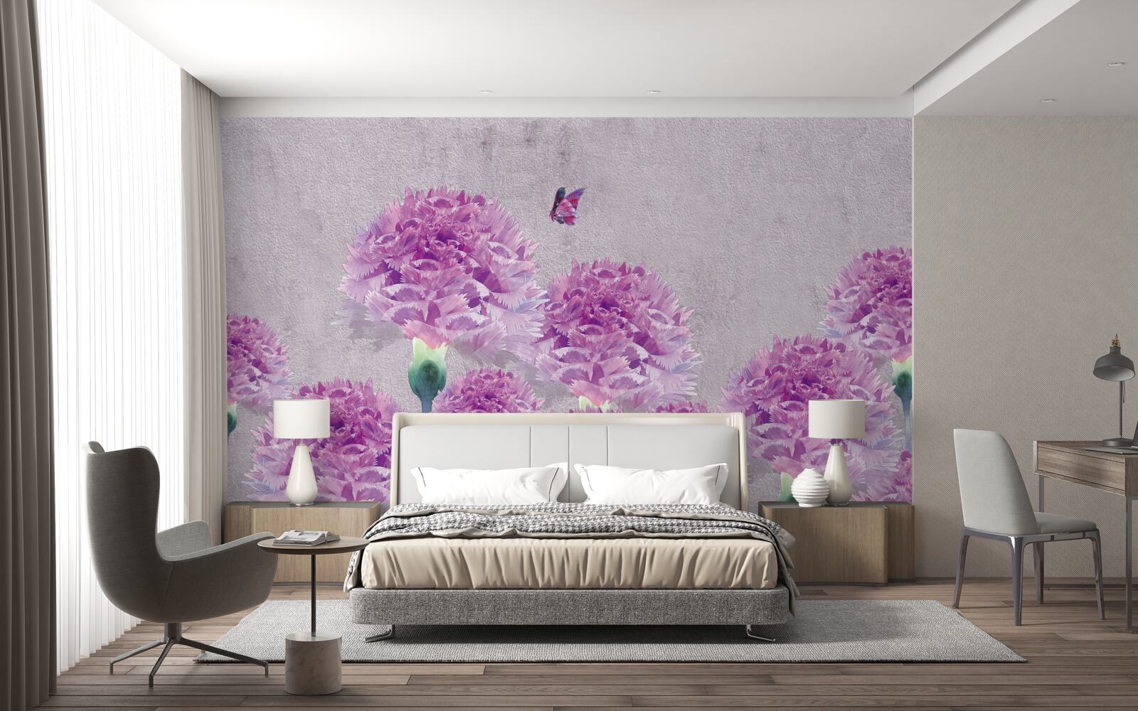 Fototapeta duże goździki w kolorze liliowym i motyl