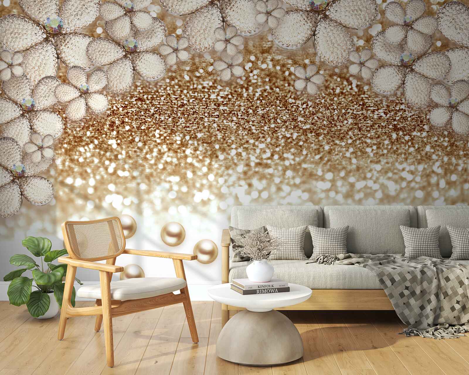 Fototapeta kwiaty w kolorze biało-złotym i perły