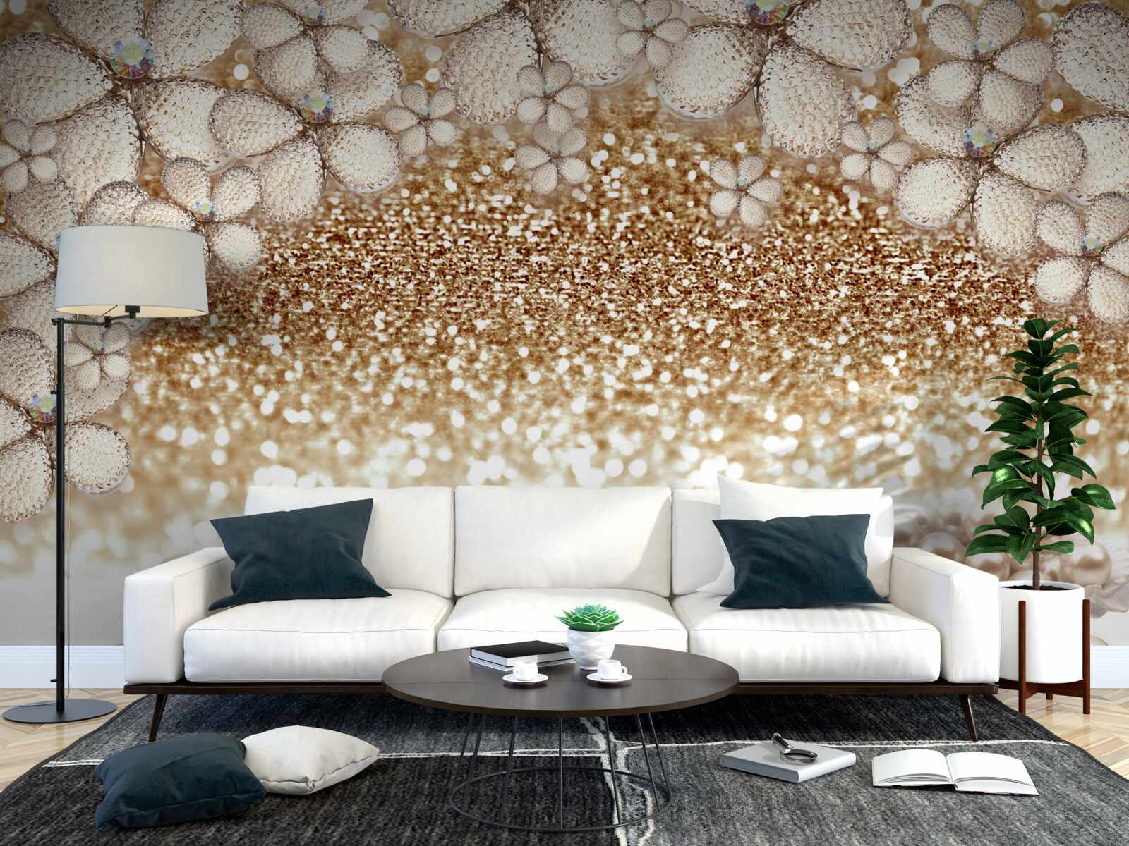 Fototapeta kwiaty w kolorze biało-złotym i perły