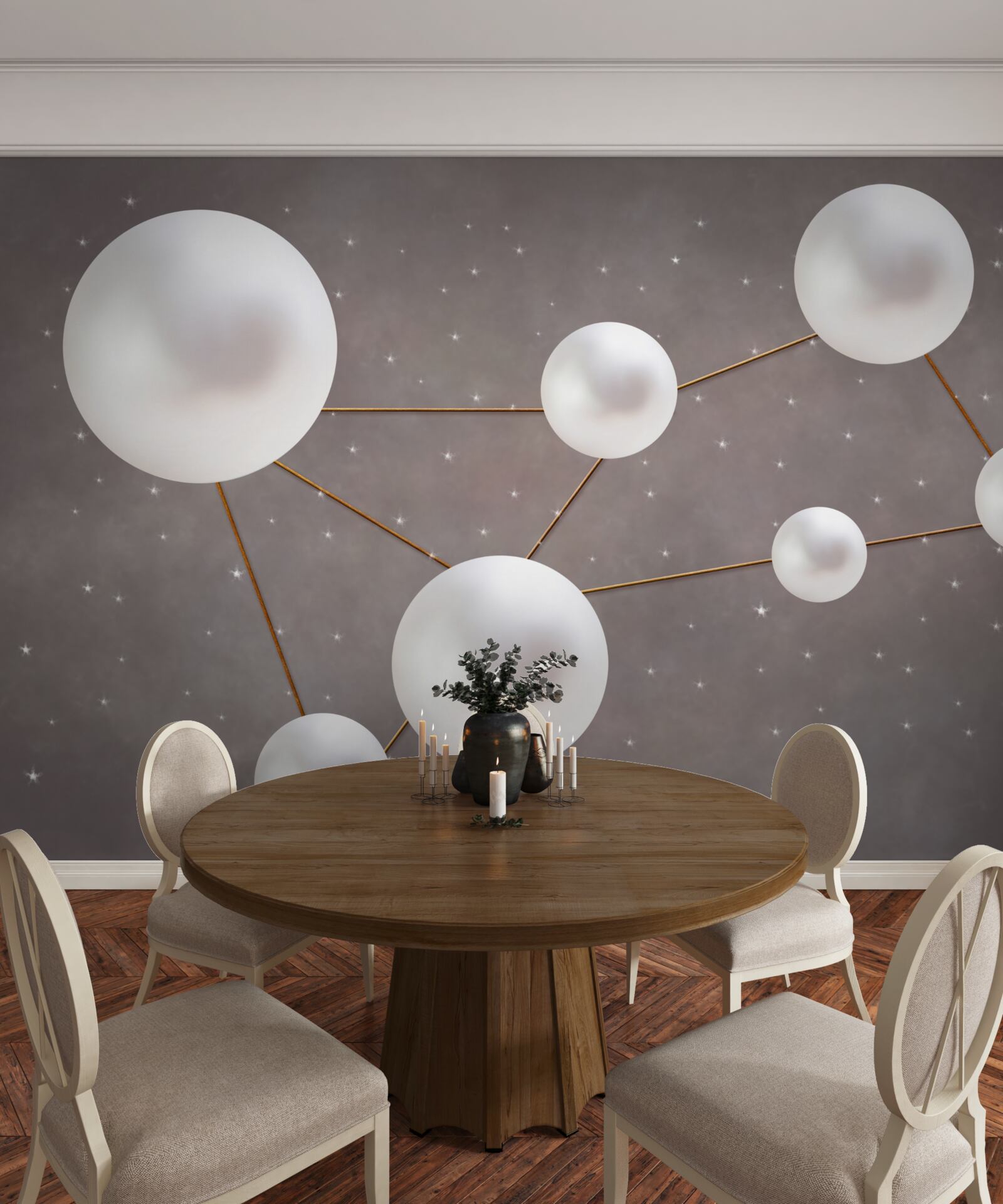 Fototapeta białe kulki ozdobione złotymi liniami są rozrzucone na szarym tle