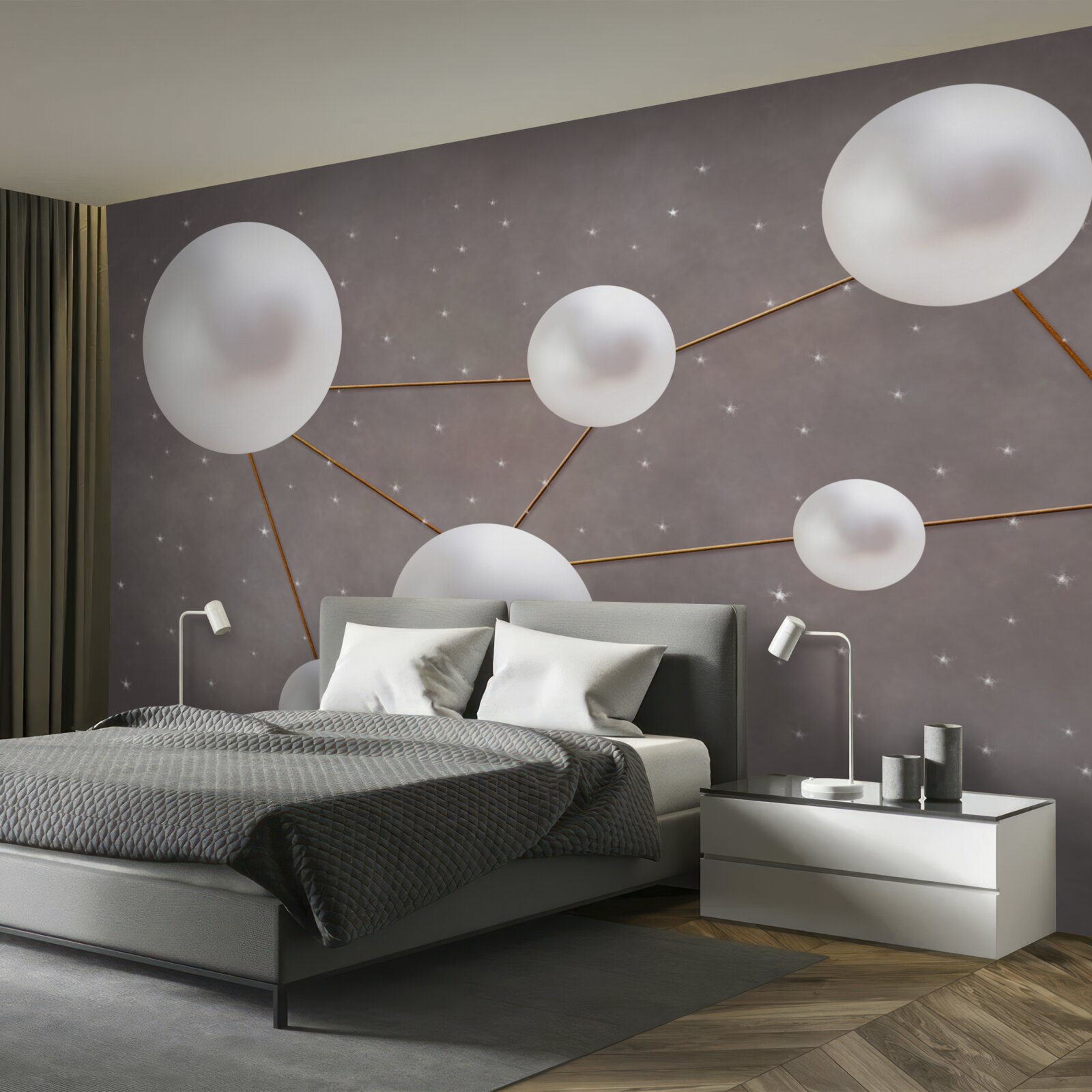 Fototapeta białe kulki ozdobione złotymi liniami są rozrzucone na szarym tle