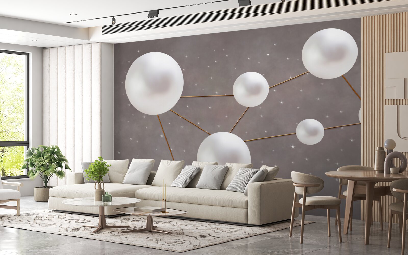 Fototapeta białe kulki ozdobione złotymi liniami są rozrzucone na szarym tle