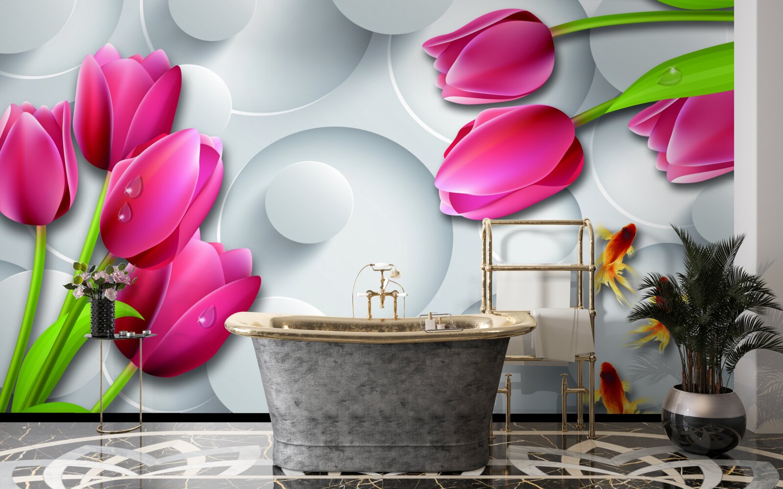 Fototapeta motyle i bukiety szkarłatnych tulipanów