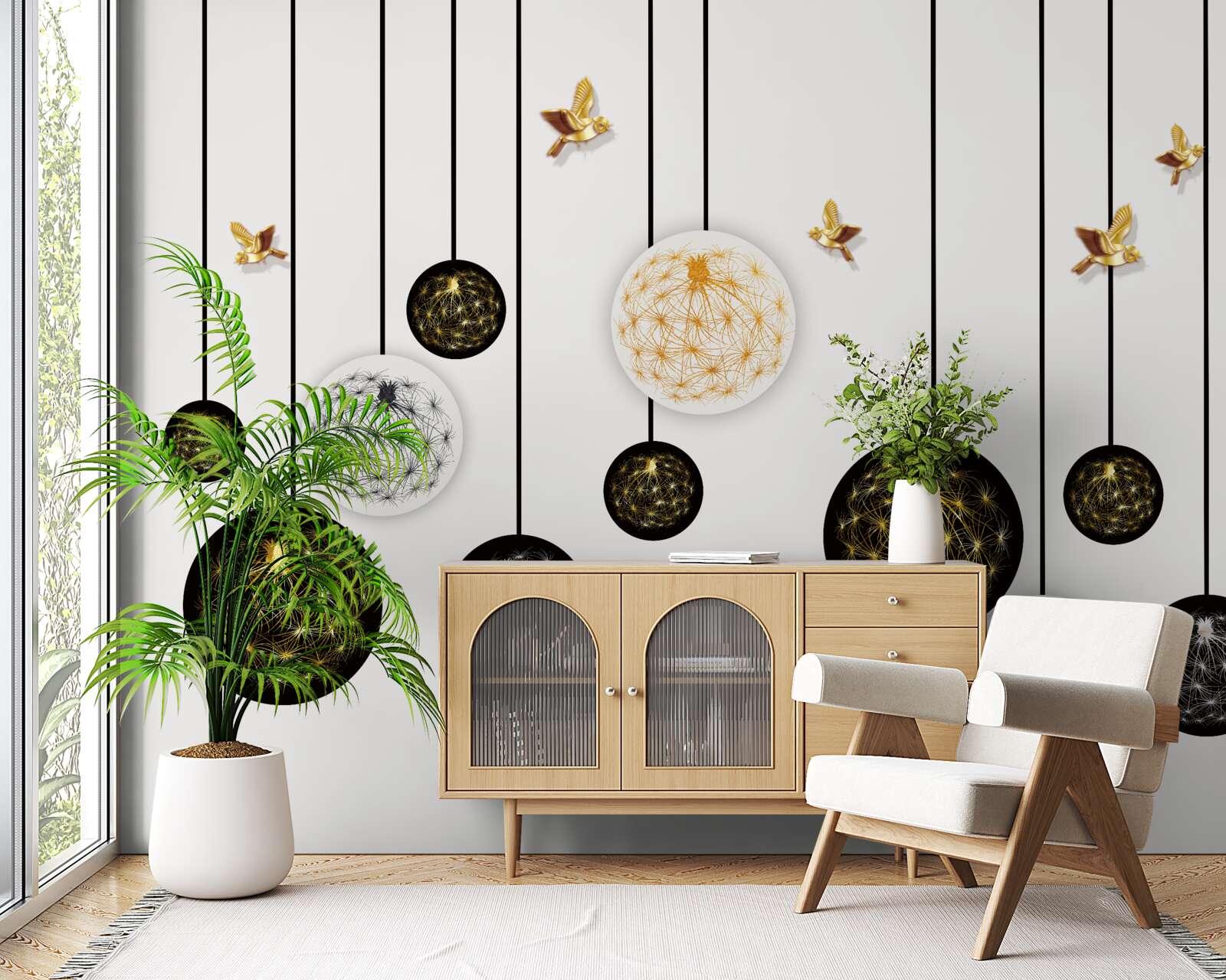 Fototapeta czarne wiszące kulki na jasnym tle