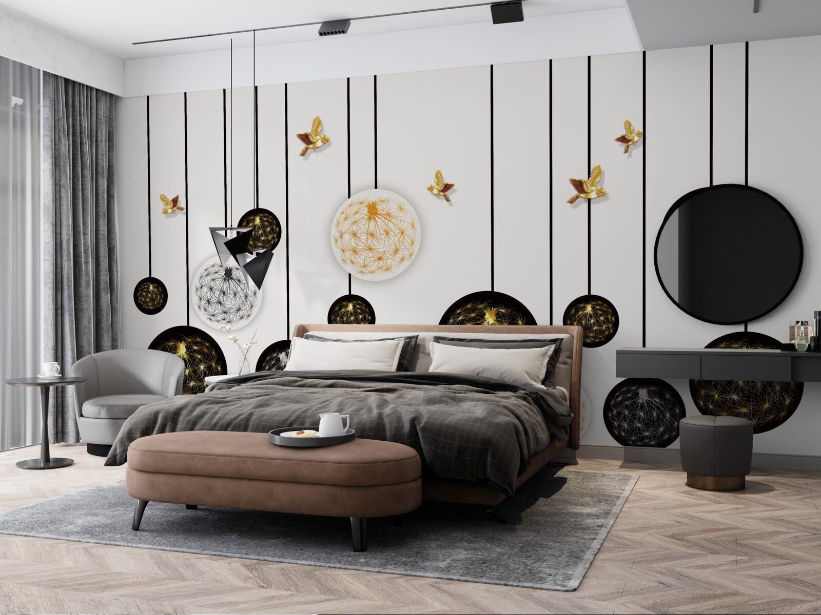 Fototapeta czarne wiszące kulki na jasnym tle