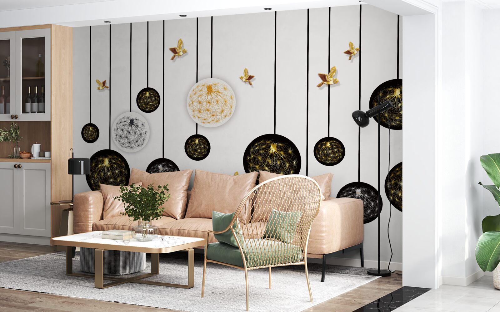 Fototapeta czarne wiszące kulki na jasnym tle